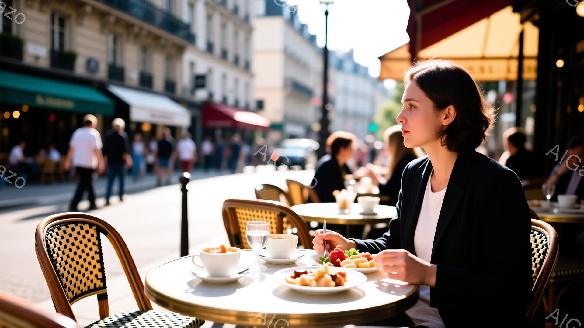 パリのカフェで、黒いジャケットと白いシャツを着た女性が、テーブルを前に座って食事をしている。彼女は少し物思いにふけった表情で、フォークを使って食べ物を口に運んでいる。背景には石造りの建物が並び、カフェの赤い日よけが印象的で、晴れた日の穏やかな雰囲気が漂っている。