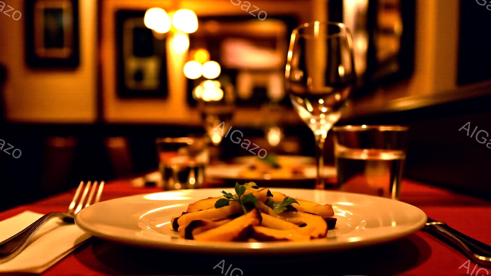 赤いテーブルクロスの上に、盛り付けられた料理が中央に置かれている。背景には、ぼやけた光の点と、暗い壁に掛けられた絵画が見える。暖色系の照明と、少し暗めのトーンが、落ち着いたレストランの雰囲気を醸し出している。