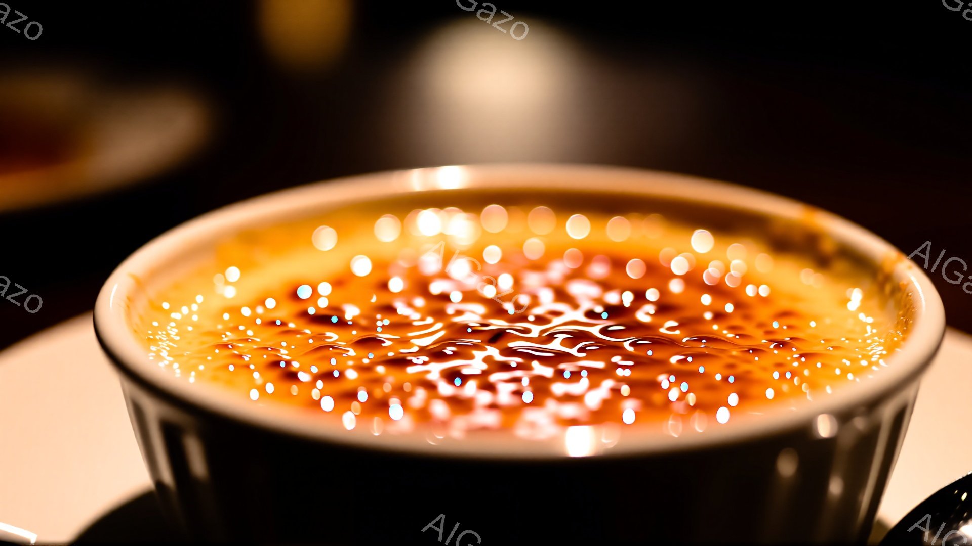 焦げ目が美しいクレームブリュレが、茶色の陶器の器に盛り付けられ、画面中央に大きく配置されている。表面には細かい気泡が広がり、キャラメルの香ばしさを感じさせる。背景は暗くぼやけており、焦げ目の黄金色が際 - AI生成フリー素材