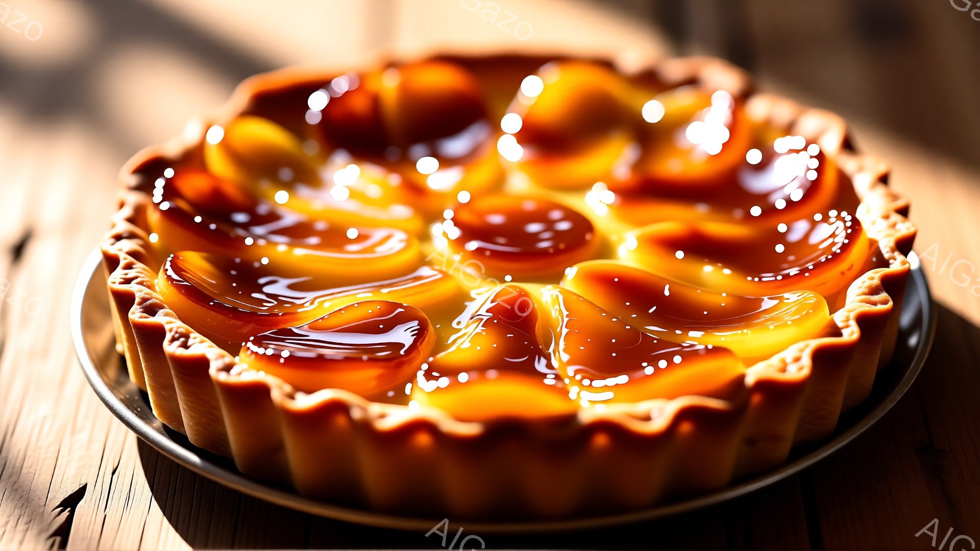 焼き色の美しいクレームブリュレが、木製のプレートに乗せられています。表面にはキャラメルが流れ、光を反射してキラキラと輝き、食欲をそそります。背景はぼやけた木目で、温かく、落ち着いた雰囲気が漂っています。