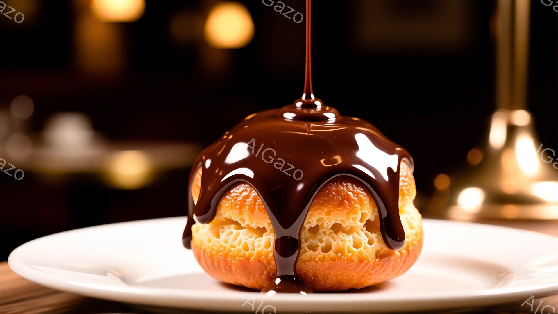 艶やかなチョコレートソースがたっぷりとかかったシュークリームが、白い皿に乗せられています。シュー生地は黄金色で、表面は少し粗く、甘い香りが漂ってきそうです。背景は暗くぼやけており、暖色の光が少しだけ見 - AI生成フリー素材