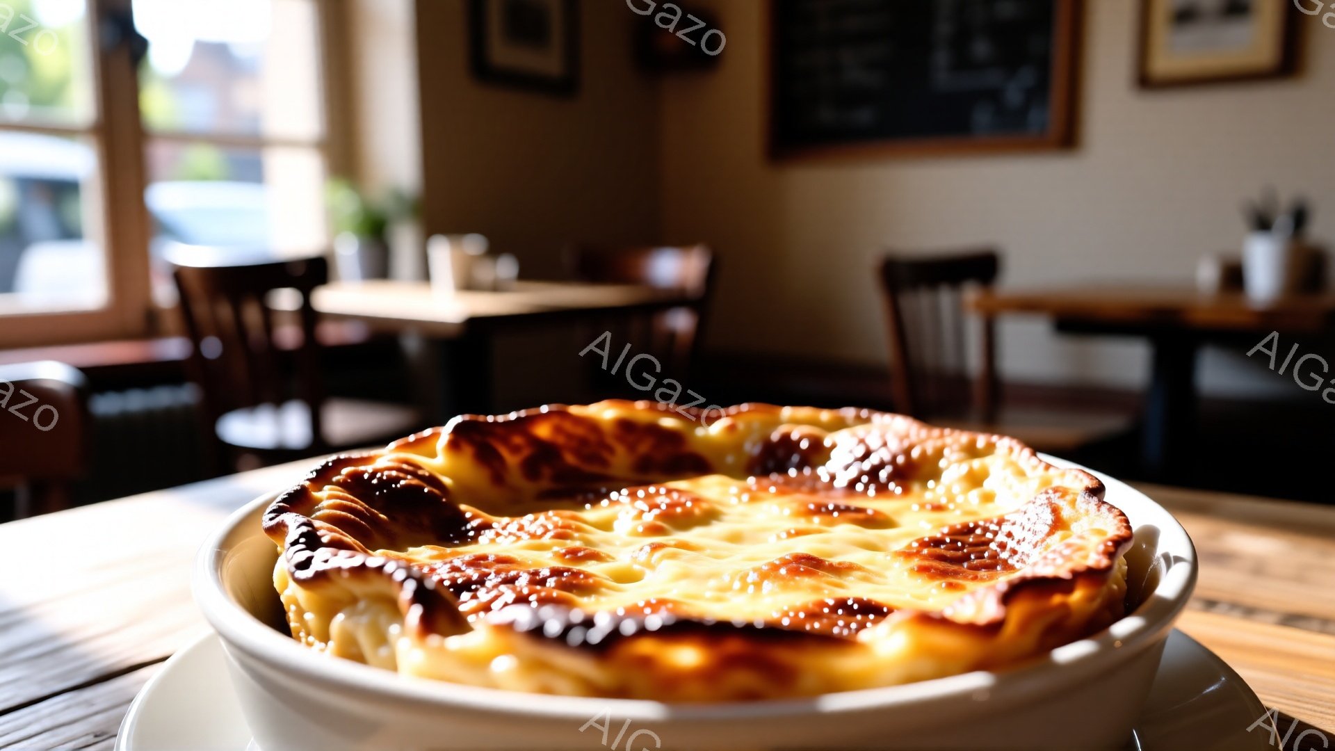 白い器に盛られた、表面が焦げ目のように茶色になった料理が焦点となっています。背景には、木製のテーブルと椅子が並んだ、やや薄暗いレストランの様子が見え、窓からは自然光が差し込んでいます。全体的に温かみのある、落ち着いた雰囲気で、料理が美味しそうに映し出されています。