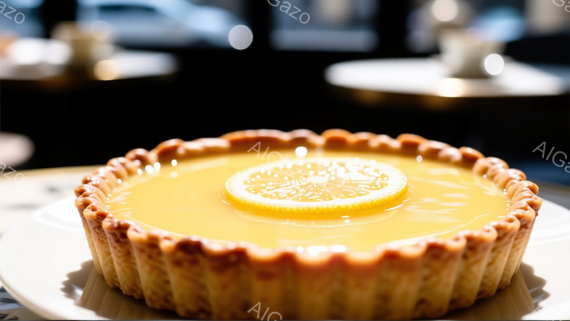 鮮やかなオレンジ色のカスタードクリームが詰まった、美しいタルトが中央に配置されています。タルト生地は丁寧に焼き上げられ、ぎざぎざとした縁が特徴的で、クリームの上には薄切りのオレンジスライスが飾り付けられています。背景はぼかされており、上品で洗練された雰囲気を感じさせます。