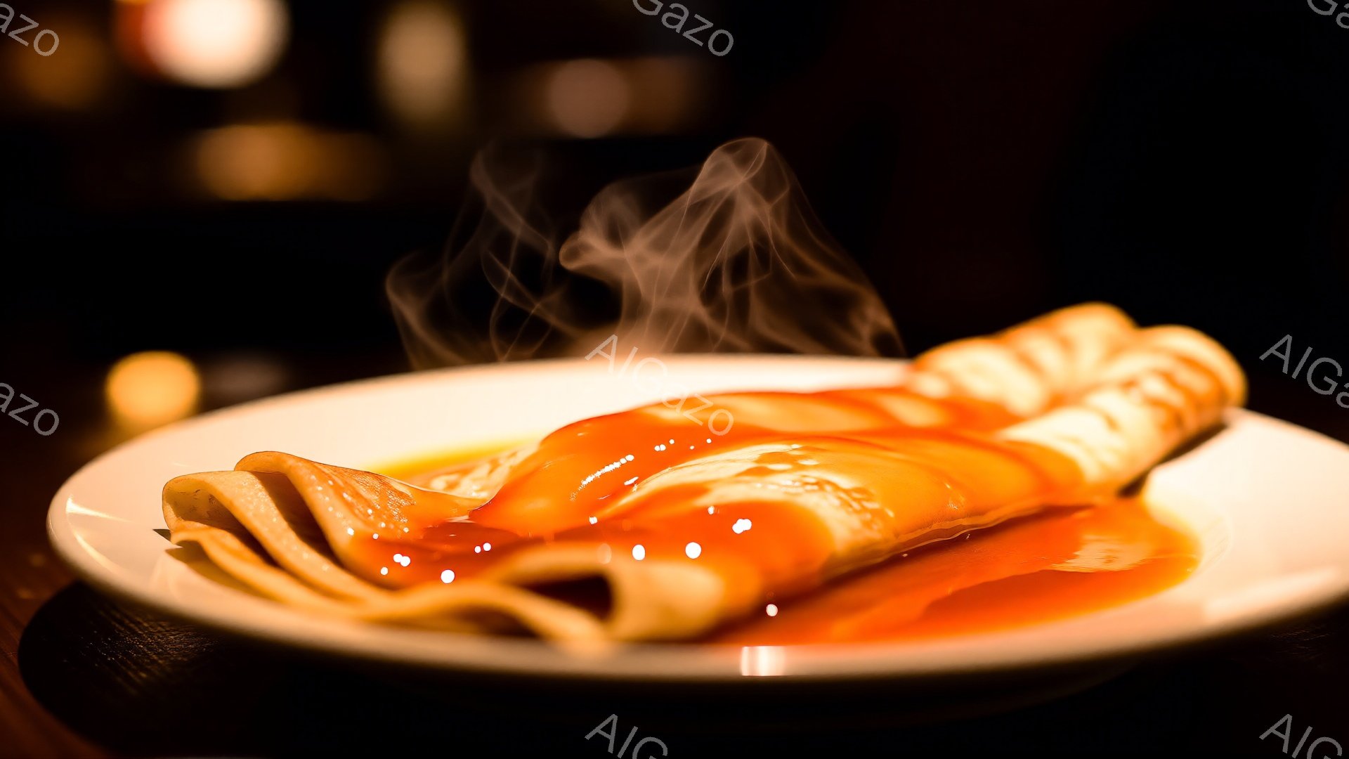 温かいクレープが白い皿の上にあり、濃厚なオレンジ色のソースがたっぷりとかけられています。湯気が立ち上り、新しく調理されたばかりであることがわかります。背景は暗く、クレープとソースの色が際立っており、食欲をそそる雰囲気を醸し出しています。