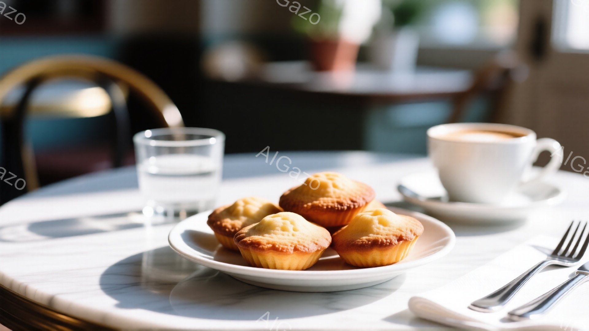 白大理石のテーブルの上に、焼き色がかった小さなマフィンが並べられた白い皿が置かれている。奥にはコーヒーカップとソーサー、そしてグラスが置かれ、フォークとナイフがナプキンの上に添えられている。背景はぼやけており、カフェのような穏やかで上品な雰囲気が漂っている。