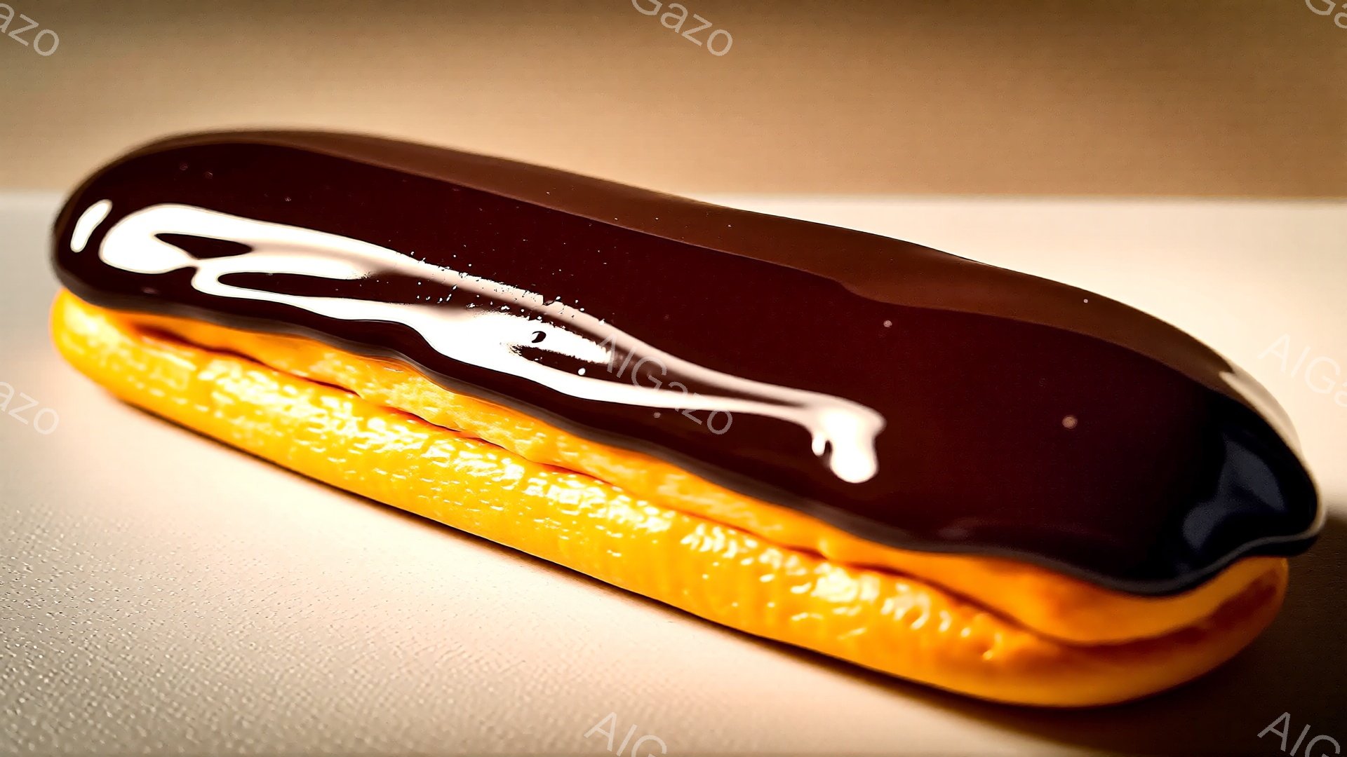 チョコレート色のグレースがかかったエクレアが、明るい背景に置かれています。クリームは鮮やかな黄色で、グレースから少し漏れ出しています。全体的に、甘くておいしそうな雰囲気が漂っています。