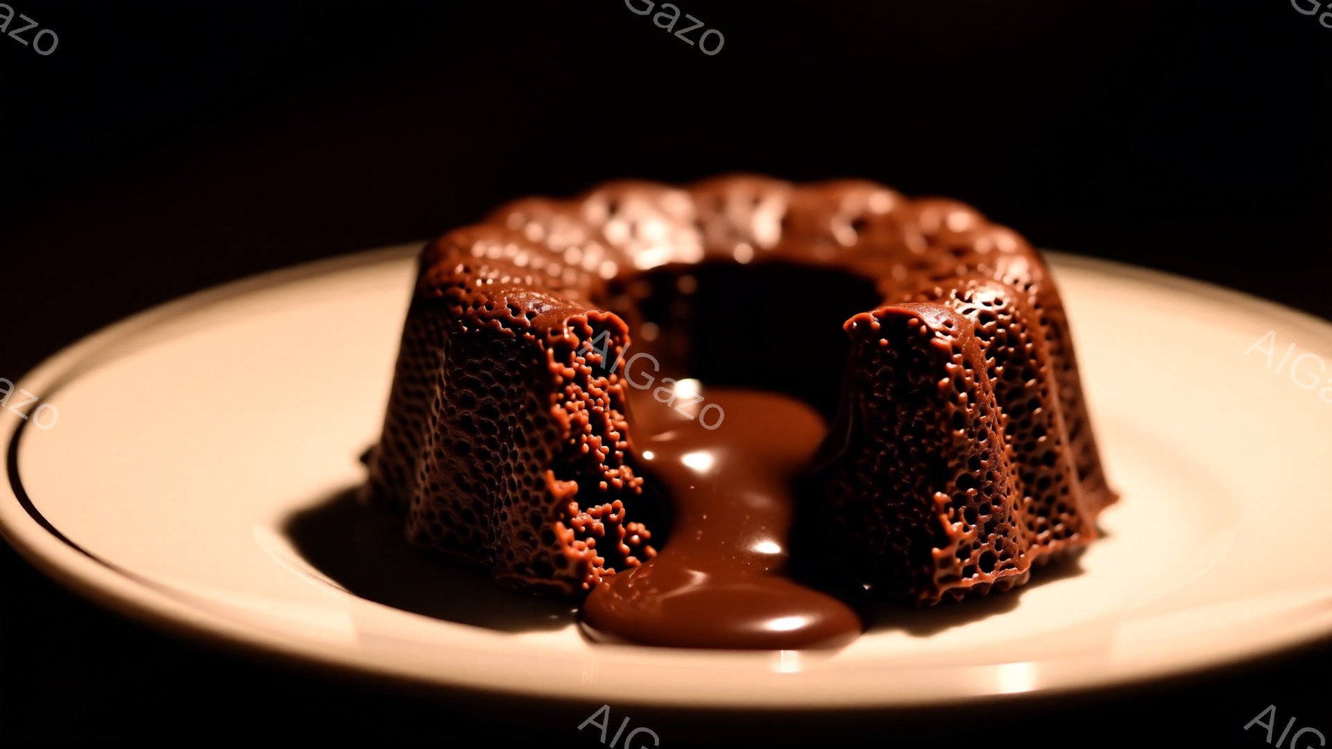 チョコレートフォンデュのような、温かいチョコレートが流れ出る焼き立てのガトーショコラが、白い皿の中心に置かれている。ガトーショコラの表面は、細かい穴が空いており、その質感と溶け出すチョコレートのコントラストが印象的だ。背景は暗く、ガトーショコラが際立つようにスポットライトが当てられている。