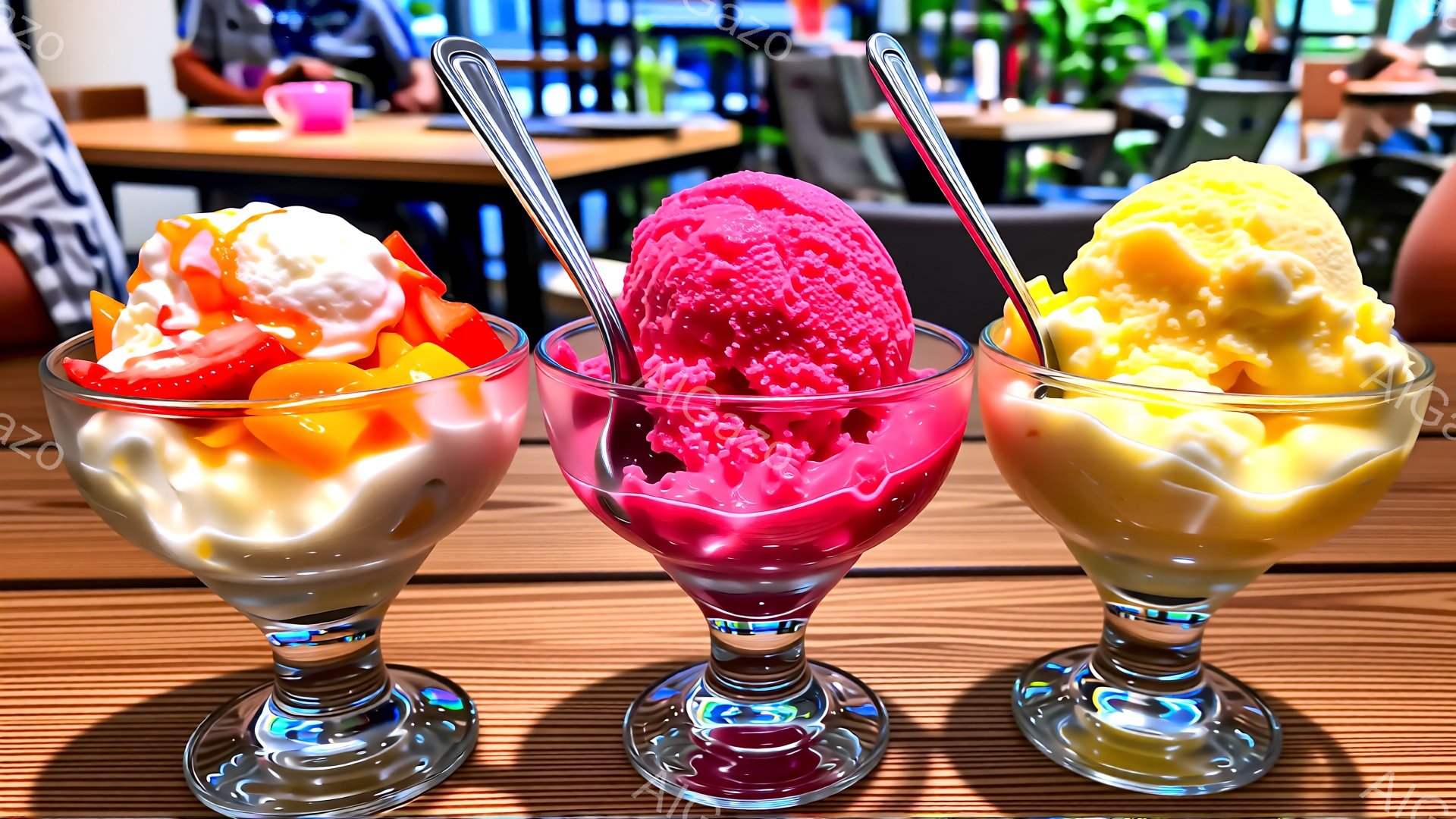 3つのグラスに入ったアイスクリームが並んでいます。左のものは、クリームとオレンジ色のフルーツ、そして白いアイスクリームで構成され、中央は鮮やかなピンク色のアイスクリーム、右は黄色いアイスクリームで、そ - AI生成フリー素材