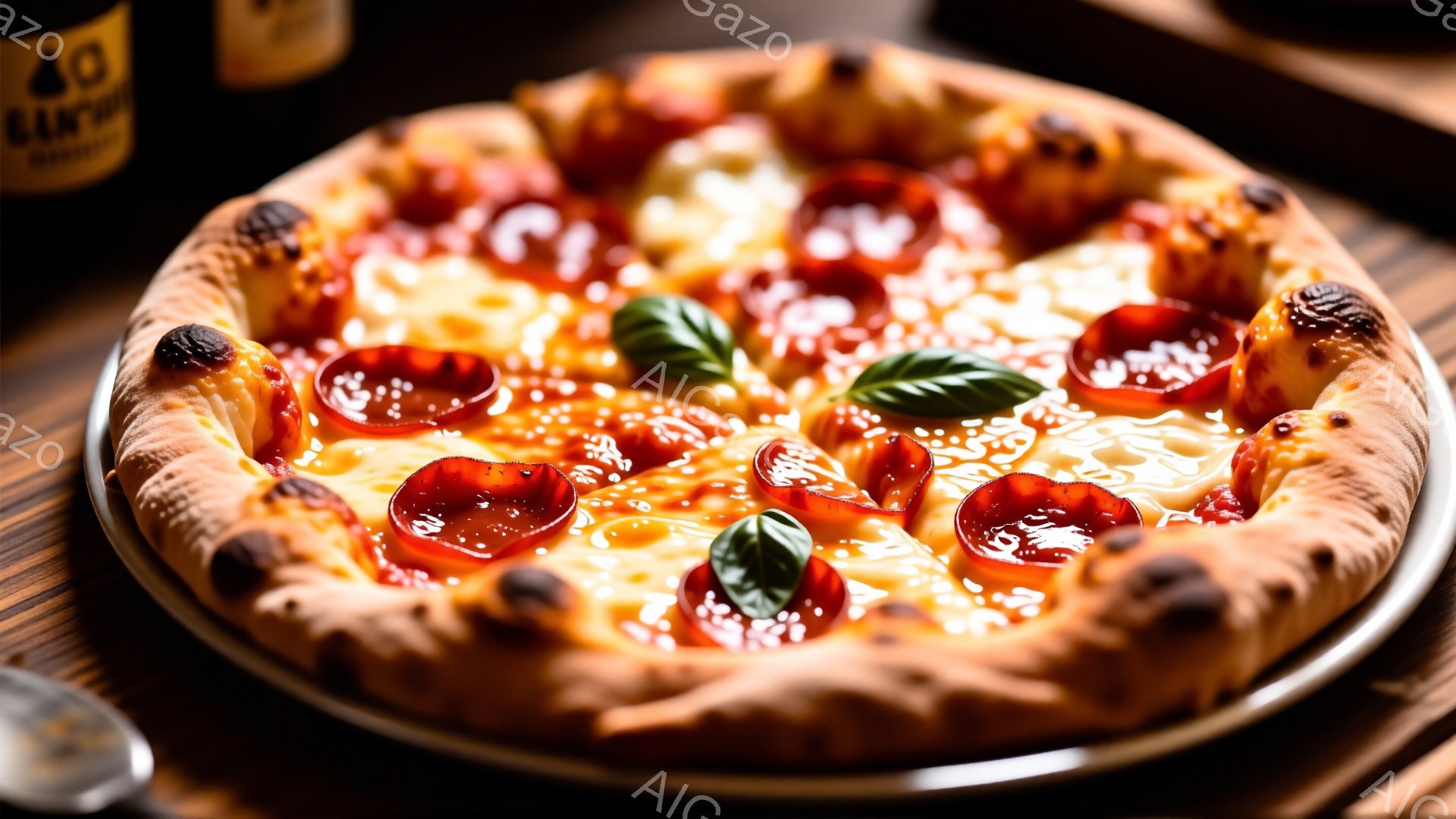 焼き立てのピザが、金属製のトレーの上で湯気を立てています。縁は焦げ目がついており、トマトソース、溶けたチーズ、そしてペパロニが美しく並んでいます。背景にはぼやけたバーカウンターが見え、温かく食欲をそそる雰囲気です。