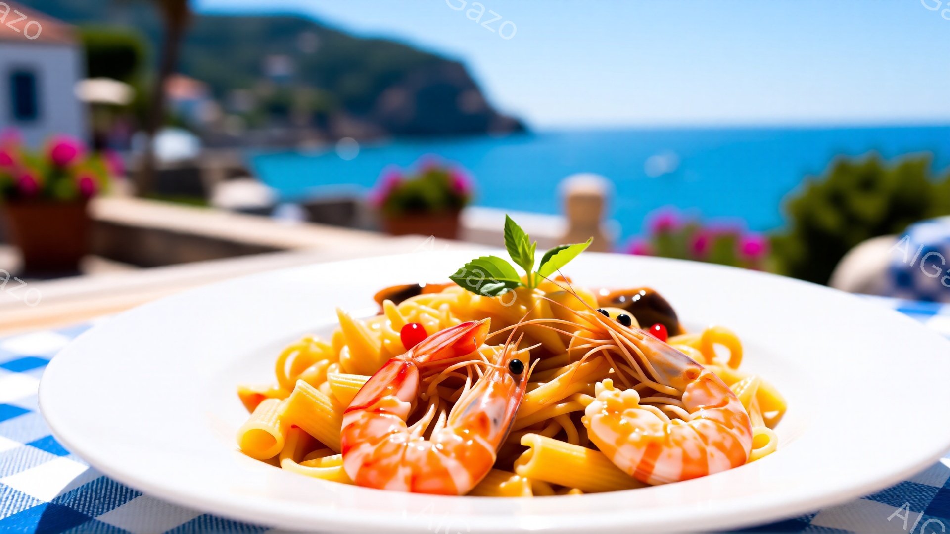 白い皿に盛り付けられたペンネが、鮮やかな赤色のソースとエビ、オリーブ、ハーブで彩られています。背景には青い海と建物が見え、晴れた日の地中海沿岸のレストランで撮影されたようです。全体的に、明るく、暖かく、そして食欲をそそる雰囲気です。