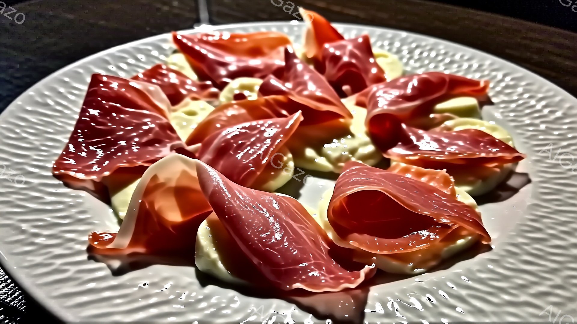 陶器のような質感の皿に、赤と白のパスタが盛り付けられています。パスタは、それぞれが半月形をしており、赤色のパスタにはソースが塗られており、白色のパスタはプレーンのようです。皿の背景は暗く、パスタの色が際立っており、食欲をそそる雰囲気が漂っています。