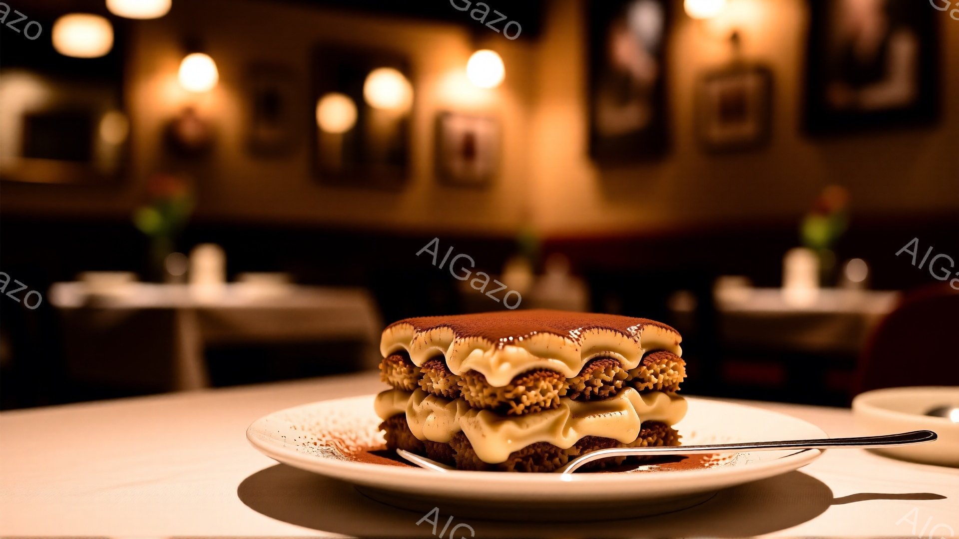 皿には、ココアパウダーとクリームが層になったティラミスが美しく盛り付けられています。背景には、暖色の照明が灯ったレストランの室内がぼんやりと見え、テーブルクロスや壁の装飾がその雰囲気を高めています。全体的に、落ち着いた暖色系の照明が、上品で洗練された食事の時間を演出しています。