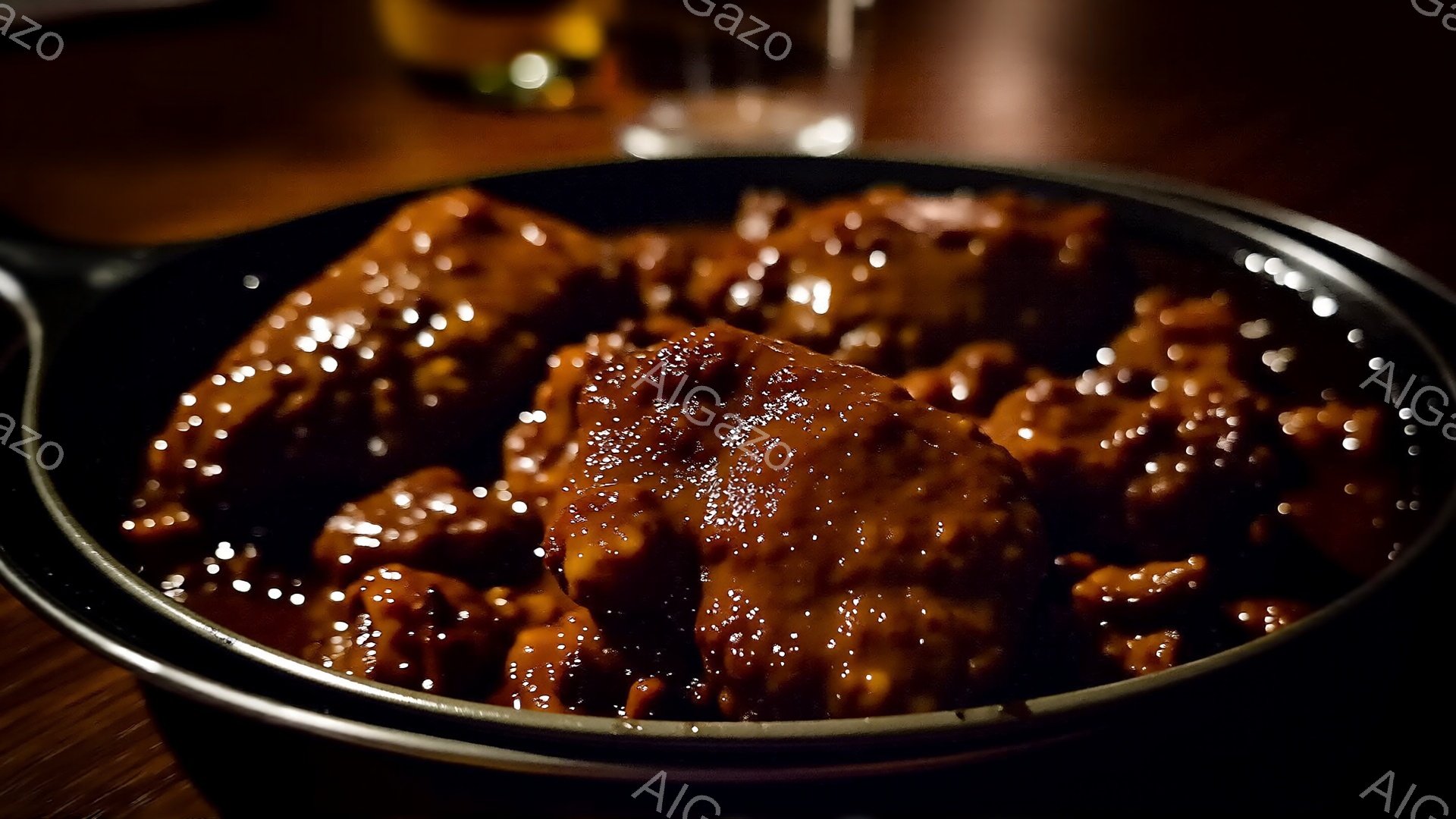 暗い背景に焦げ茶色の照り焼きチキンが皿に盛られています。照り焼きソースは光を反射し、チキン全体に均一にコーティングされています。背景には、焦点の合っていないグラスが見え、薄暗い照明のレストランや家庭料理のような雰囲気が漂っています。