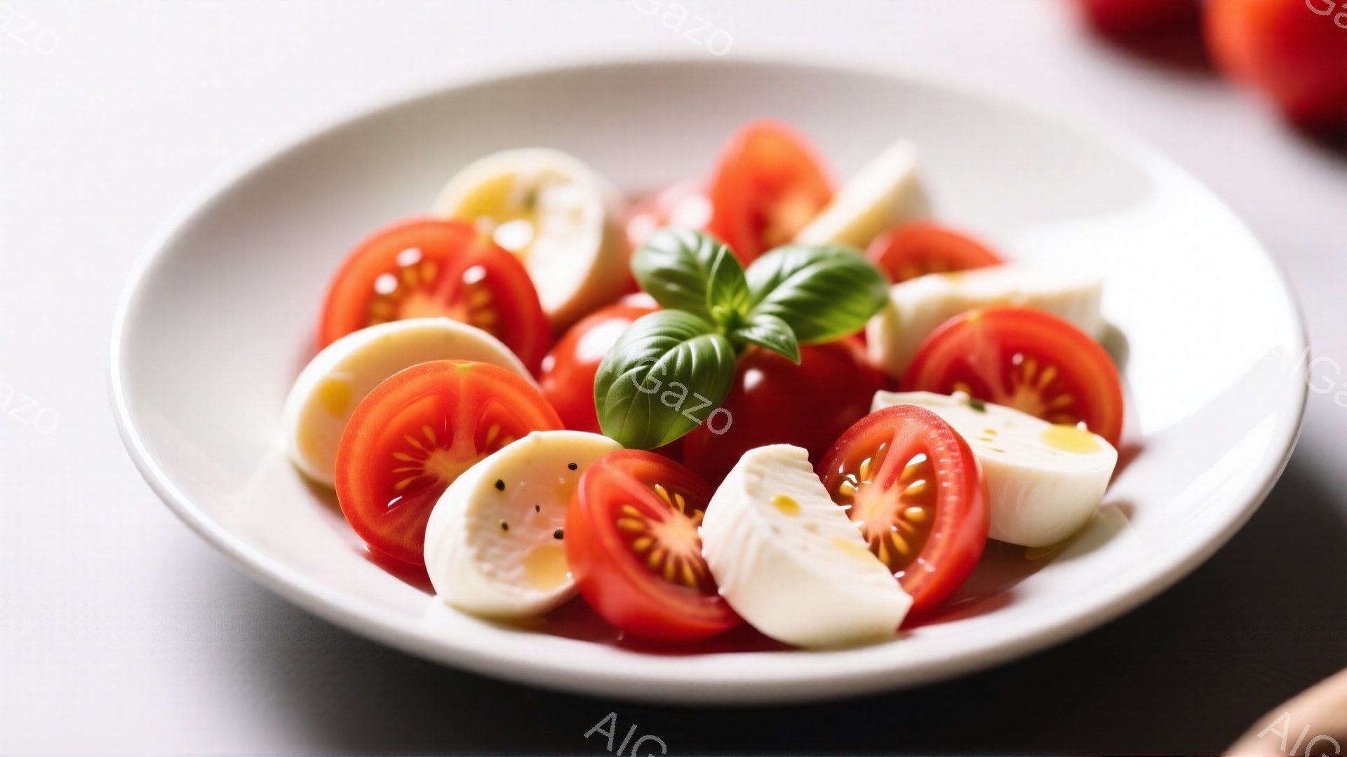 白い皿に、スライスされたトマトとモッツァレラチーズ、そしてフレッシュなバジルが盛り付けられています。トマトは鮮やかな赤色で、チーズは白く、バジルは緑色でコントラストが美しい一品です。背景は白く、料理が引き立ち、シンプルながらも食欲をそそる雰囲気が漂っています。