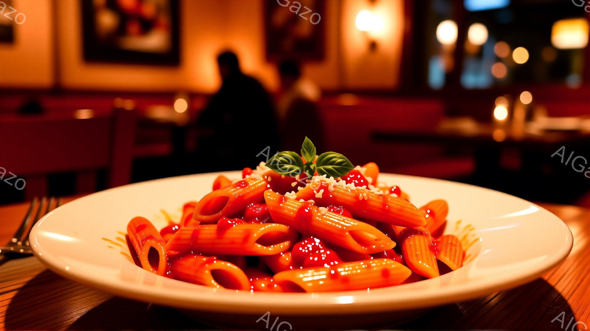 白い皿に盛り付けられたペンネパスタが中央にあり、トマトソースと粉チーズ、そして数枚のバジルが添えられています。背景は薄暗く、ぼやけたレストランの内部で、暖色系の照明が照らされています。全体的に落ち着いた雰囲気で、食事が始まるのを待つ静かな時間帯が感じられます。