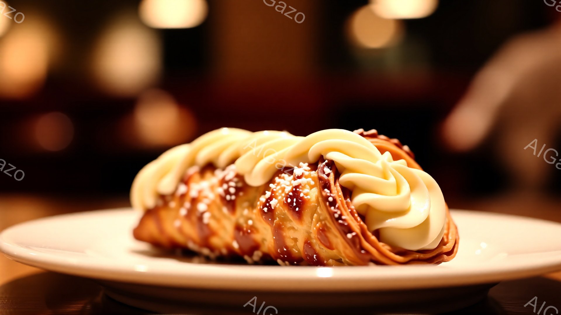 白い皿の上に、キャラメルソースと粉砂糖がかかったパイのような焼き菓子が置かれています。クリームが絞り出されており、焼き菓子全体が美しく装飾されています。背景はぼかされており、温かみのある光が差し込んでいる様子が伺え、全体的に上品で食欲をそそる雰囲気です。