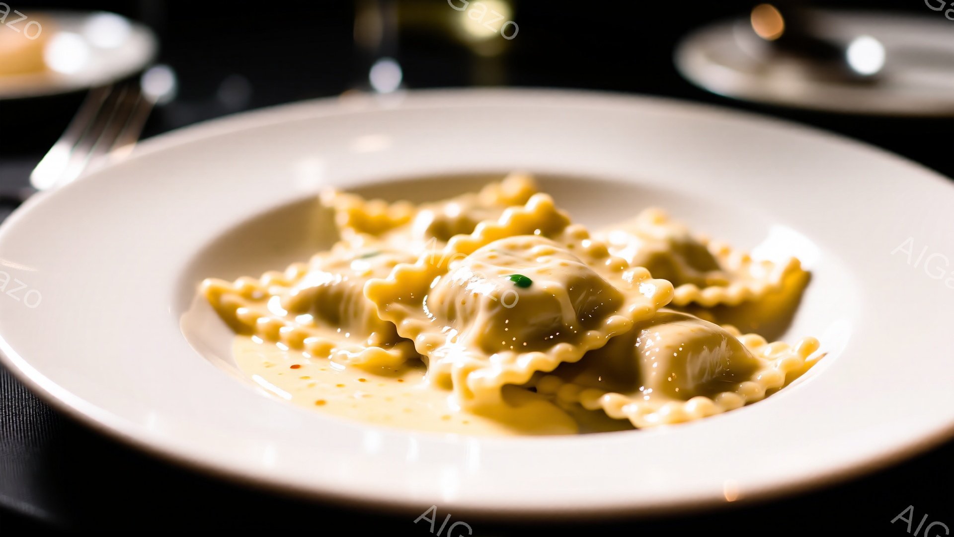 白い皿に盛り付けられた、手作り感のあるラビオリが印象的です。ソースは明るい黄色で、ラビオリの周りに散らばっており、鮮やかな緑色のハーブがアクセントになっています。背景は暗く、皿が際立っており、高級感のあるレストランでの食事を連想させます。