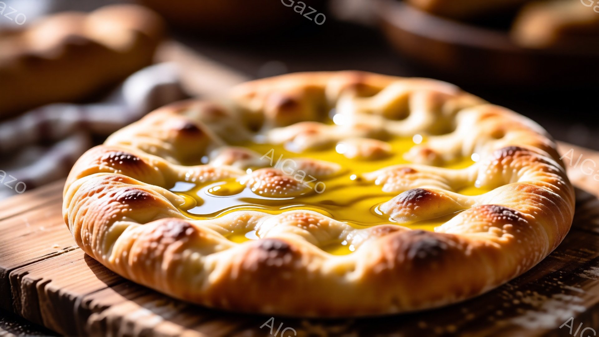 画像は、黄金色の焼き色のついた、丸いグルジア料理のパン「ハチャプリ」のクローズアップです。パンの表面には波状の装飾があり、中央にはとろりと溶けたバターまたはチーズが輝いています。背景は木製の板で、他のハチャプリがぼんやりと見え、全体的に暖かく食欲をそそる雰囲気が漂っています。