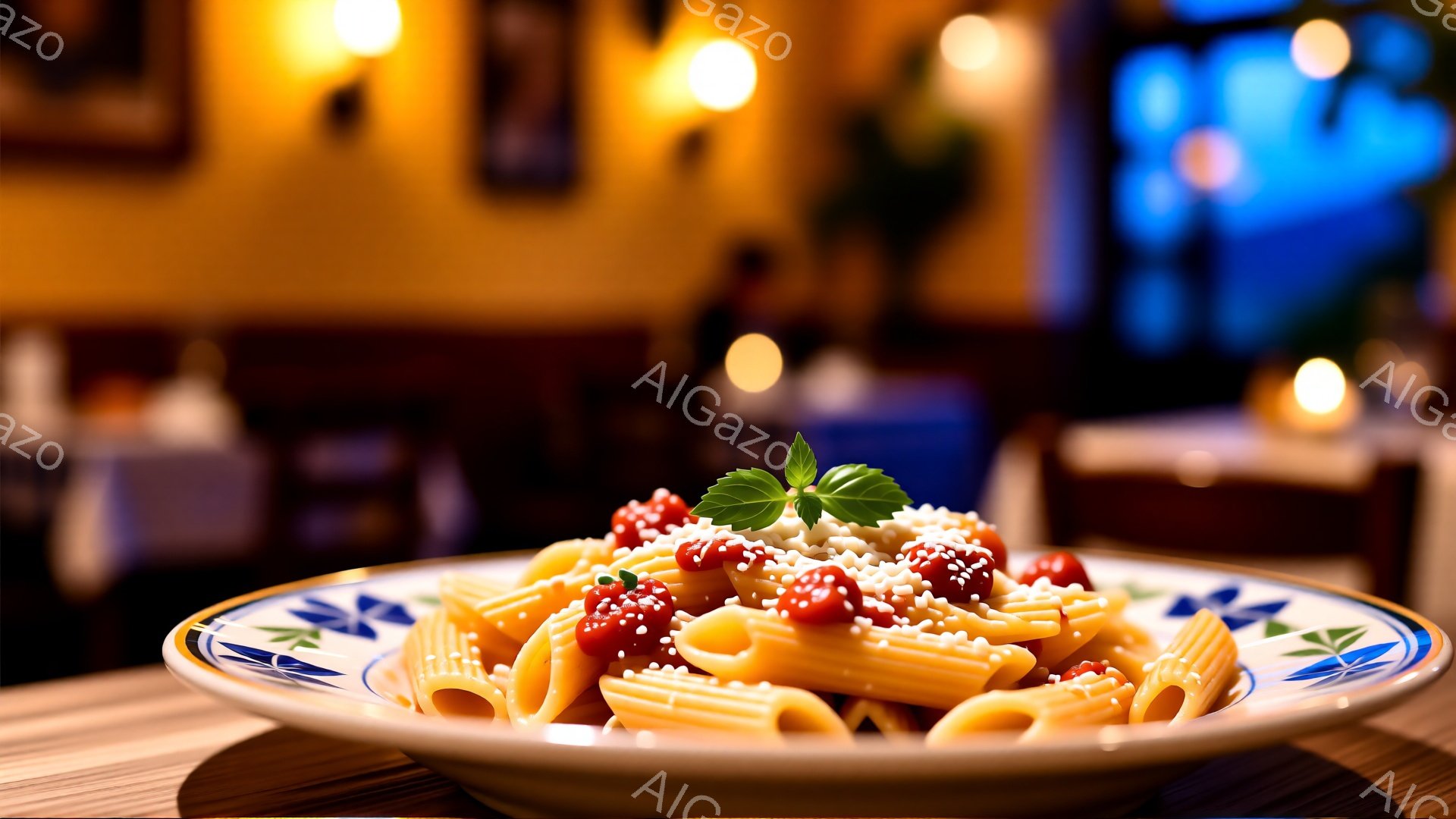 皿には、トマトソースと粉チーズをかけたペンネが盛り付けられています。背景にはぼやけたレストランの様子が見え、温かい光が灯り、食事を楽しむ雰囲気が伝わってきます。全体的に、食欲をそそる、暖かく親密な空間を表現しています。