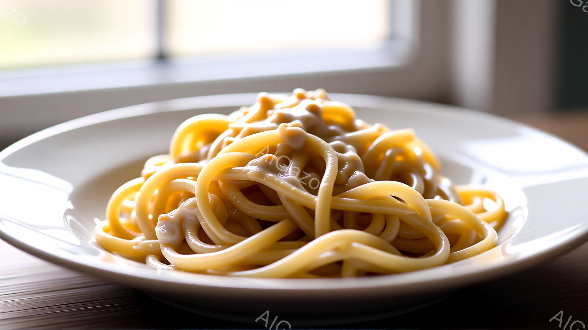 白い皿に盛り付けられたスパゲッティが写っている。麺はソースで覆われ、光沢があり、美味しそうに見える。背景は木製のテーブルで、ぼやけた窓からの自然光が差し込み、温かみのある雰囲気を醸し出している。
