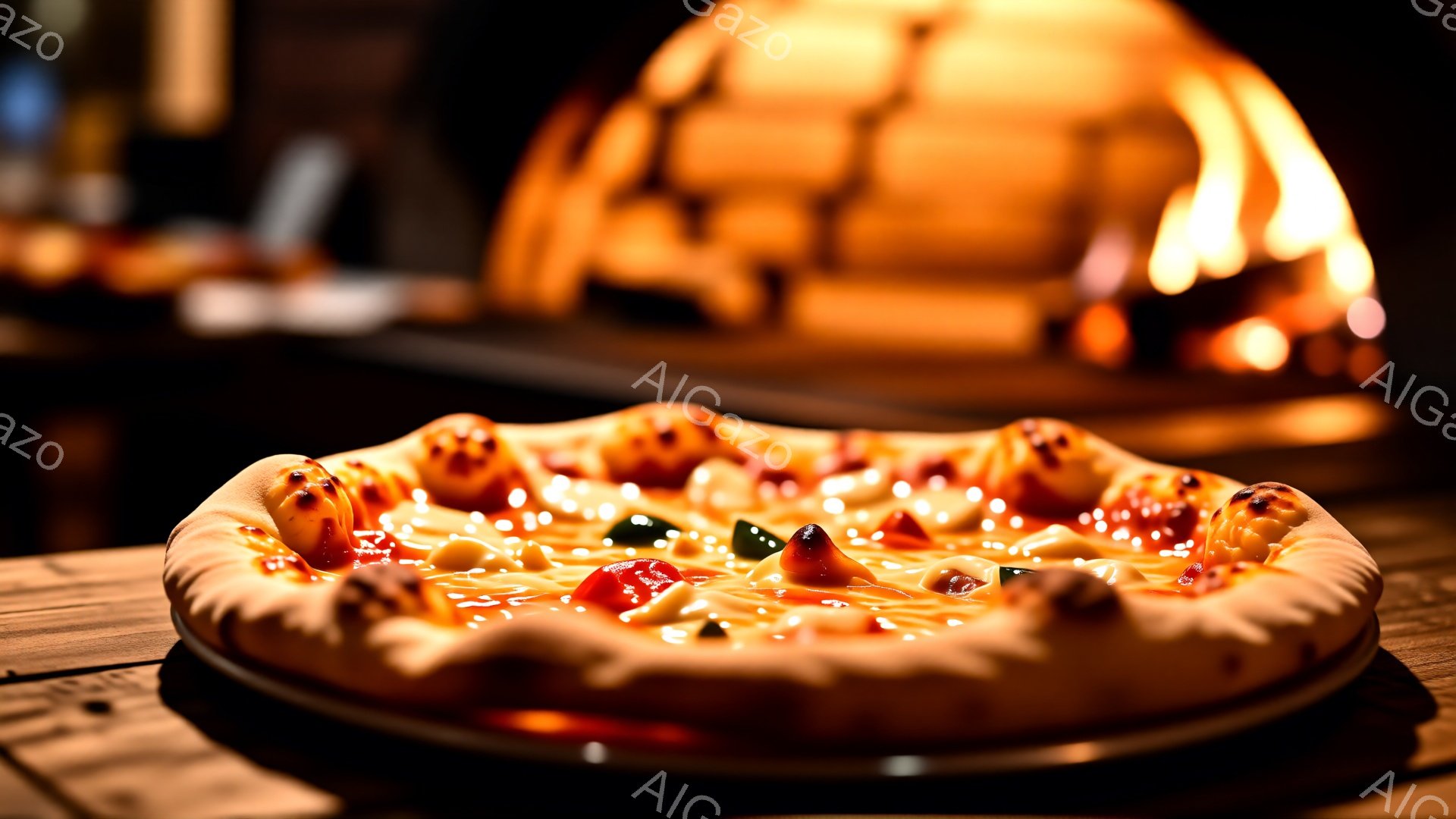 焼き立てのピザが木のテーブルの上に置かれています。トマトソース、チーズ、緑色のピーマンなどの具材がたっぷりとのっており、高温で焼かれた香ばしい香りが漂ってきます。背景には暖炉のようなものがぼやけて見え、温かく食欲をそそる雰囲気です。