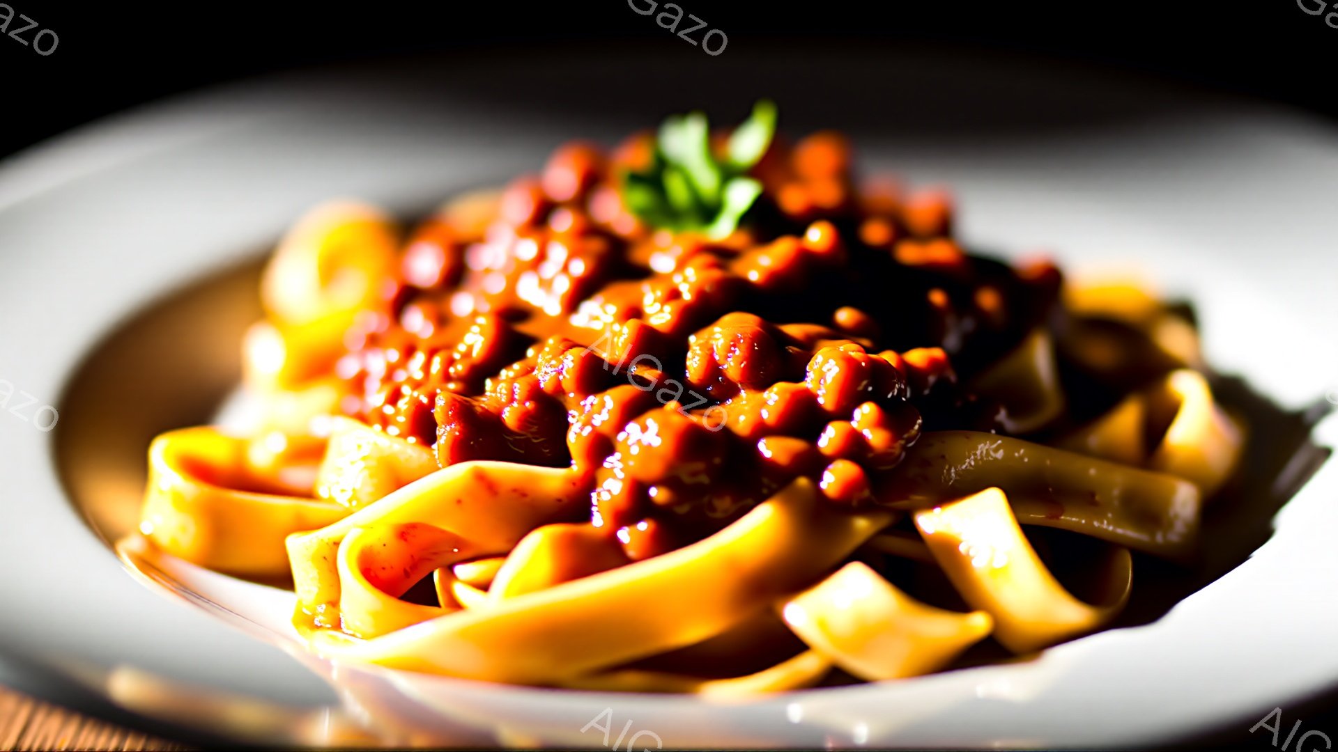 皿に盛り付けられた幅広のパスタが中央にあり、濃厚な赤褐色のミートソースがたっぷりとかかっている。パスタは軽くねじれて盛り付けられ、ソースの濃密さとパスタの優しい色合いが食欲をそそる。背景は暗く、パスタとソースが際立っており、料理の美味しさを強調する雰囲気を作り出している。