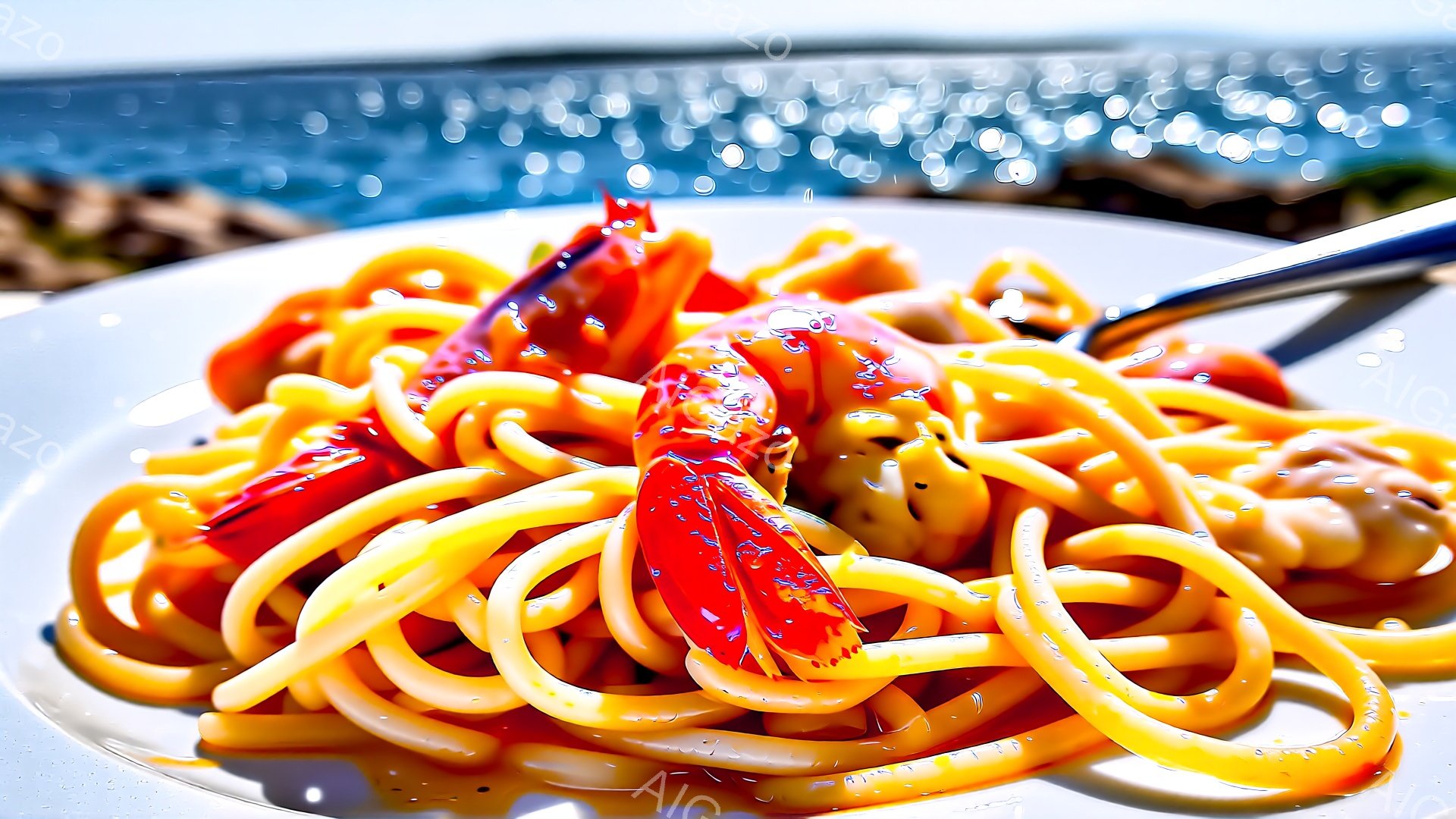 白い皿に鮮やかなオレンジ色のパスタが盛り付けられており、大きなエビがトッピングされている。背景には、太陽の光が反射してキラキラと輝く海が見え、晴れた日の穏やかな雰囲気を醸し出している。パスタのソースは照りがあり、食欲をそそる料理の写真である。
