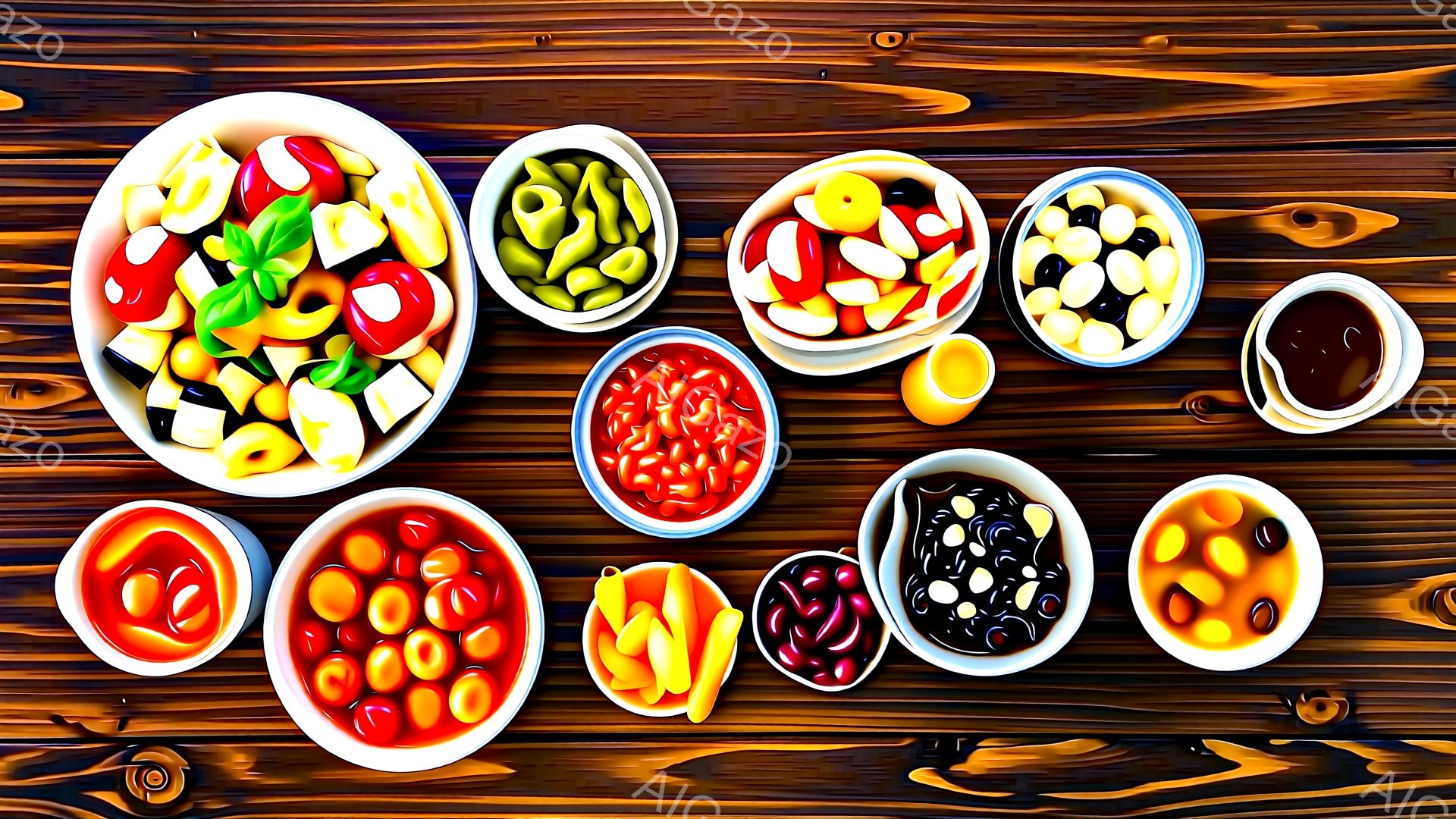 画像は様々な種類のピクルスが並んだ様子を捉えた上面図です。赤、オレンジ、緑、紫など色彩豊かなピクルスが、それぞれ小さなボウルや皿に盛られています。背景は木目の暖かい茶色で、全体的に食欲をそそる、カラフルで活気のある雰囲気です。