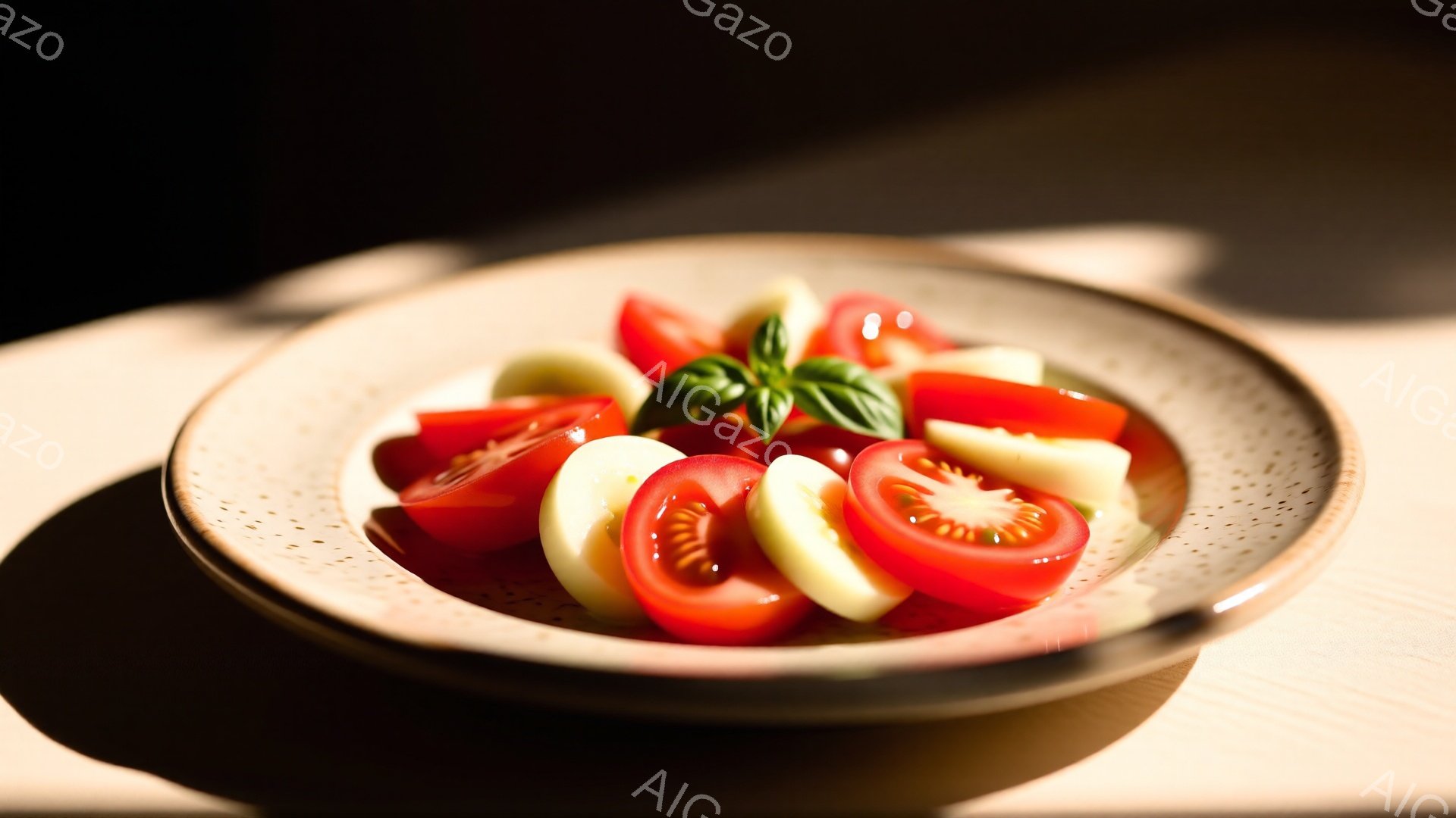 鮮やかな赤いトマトと白いチーズが交互に並べられた一皿が写っています。新鮮なバジルが添えられており、背景は木製のテーブルで、暖かく自然な光が当たっています。全体的にシンプルで食欲をそそる、ヘルシーなサラダの雰囲気です。