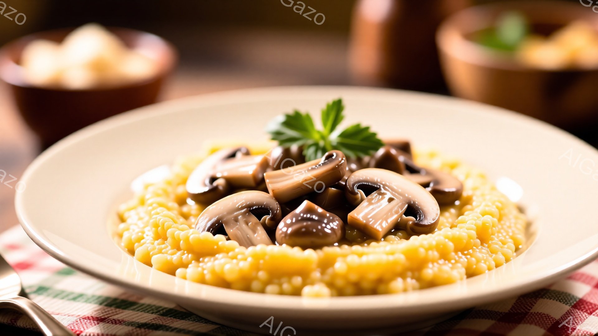 小さなパスタ状の料理が白い皿に盛られ、スライスされたマッシュルームとパセリが添えられています。背景には、同様の料理が入った茶色のボウルがぼやけて写っており、赤いチェックのテーブルクロスの上に皿が置かれています。全体的に暖かく、家庭的な雰囲気で、食欲をそそる料理の写真です。