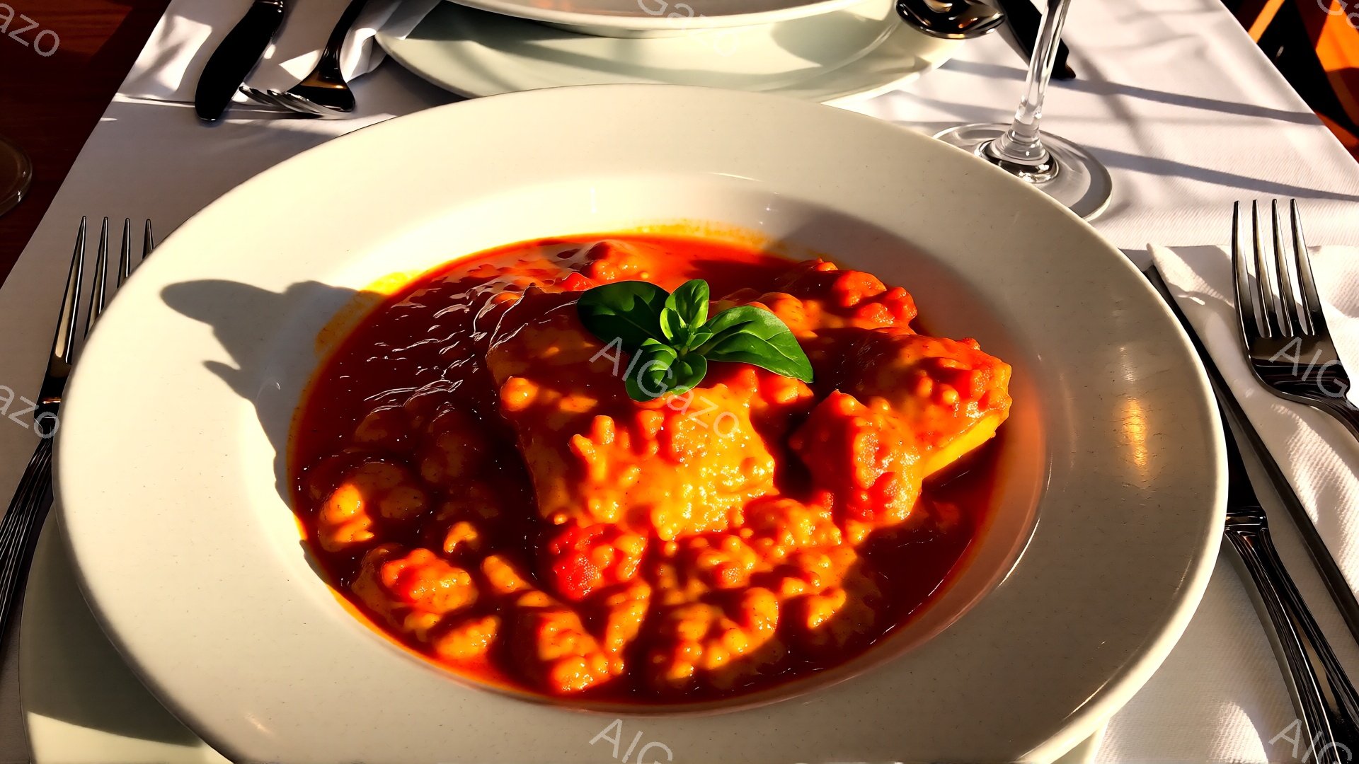 白い皿に、トマトソースがかかったニョッキが盛り付けられています。緑色のバジルが添えられており、鮮やかなコントラストが印象的です。背景には、銀色の食器類が配置されており、落ち着いた雰囲気の食事風景が広がっています。