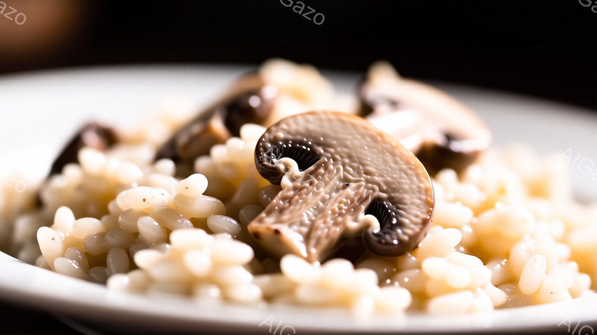 白い皿に、バラバラと散らされた米粒のようなものが盛り付けられており、その上に茶色いキノコが数切れ載せられています。キノコは傘を開いた状態で、米粒と混ざり合い、全体的に明るいベージュと茶色の色合いが特徴的です。背景は暗く、料理に焦点が当てられており、シンプルながら食欲をそそる雰囲気を醸し出しています。