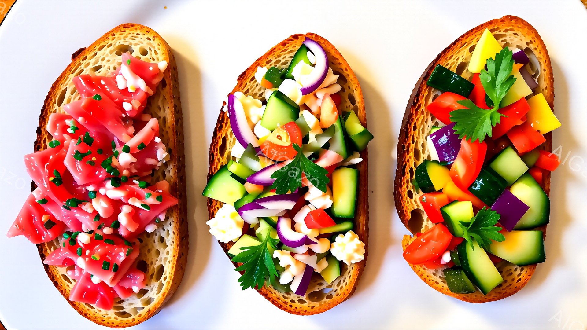 画像には、トーストに様々な具材が乗った3枚のスライスが並んでいます。それぞれのスライスは、細かく刻まれたトマト、キュウリ、紫玉ねぎ、そして香草で彩られています。全体的に明るく、食欲をそそる雰囲気で、新鮮な食材がたっぷり使われていることがわかります。