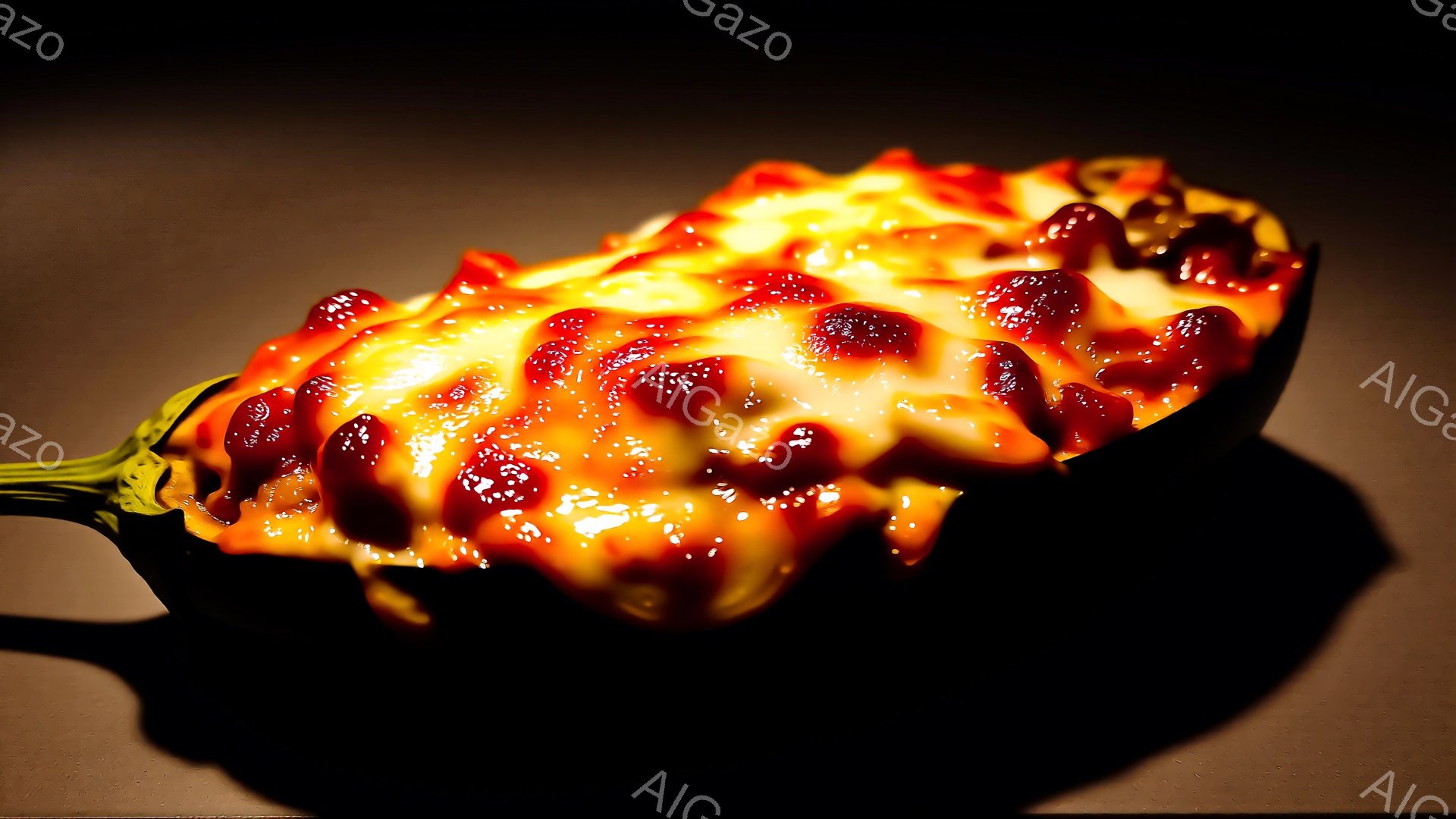 深い緑色の皿に盛り付けられた、トマトソースとチーズがたっぷりとかかったナスが写っている。チーズは焼き色が付いており、表面に気泡が見られ、食欲をそそる様子が伝わる。背景は暗く、ナス料理が際立っており、暖かく居心地の良い雰囲気を醸し出している。