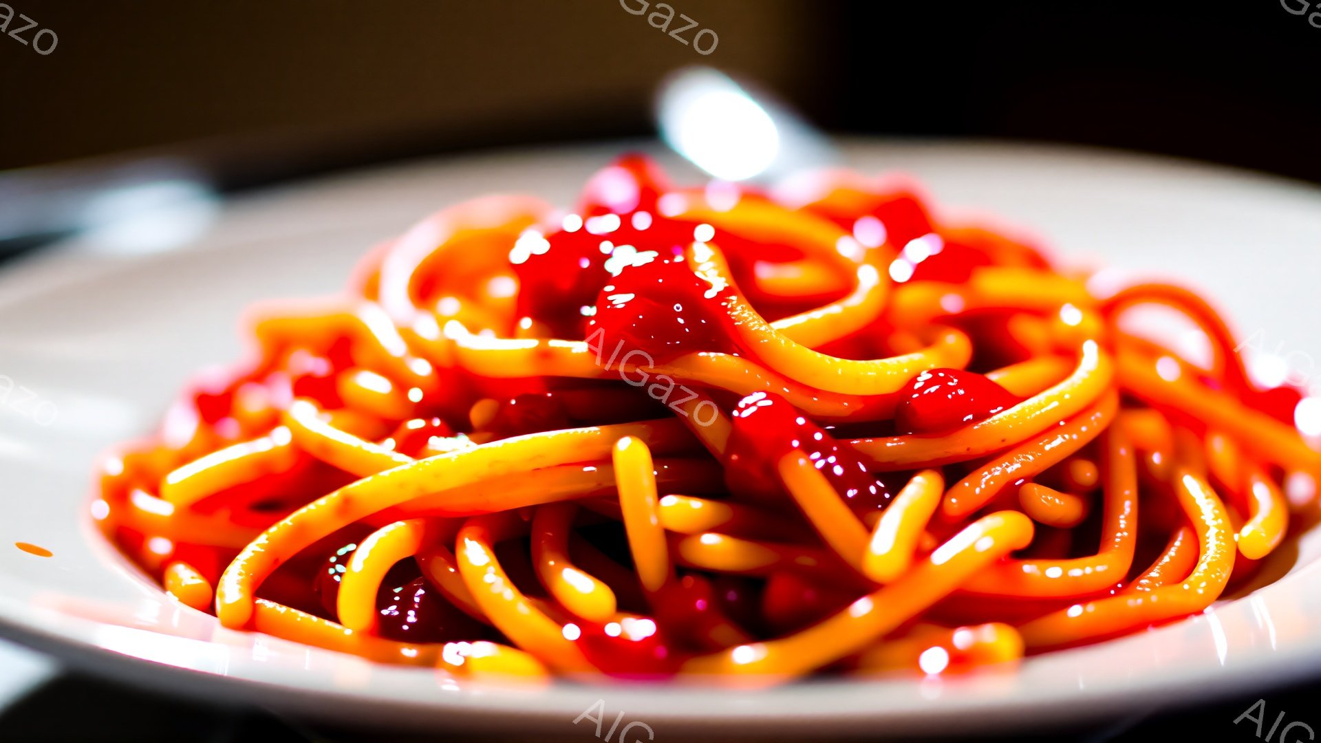 白い皿に盛られた赤いソースのパスタが写っている。パスタは細長く、ソースが絡み合って艶やかに輝いている。背景は暗く、パスタの鮮やかな赤色が際立って見える。