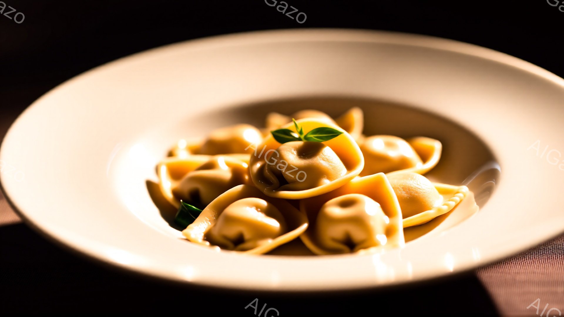 浅いクリーム色の皿に、数個のフォーク型のパスタが盛り付けられています。パスタの上には緑色のハーブが添えられ、皿の周囲には暗い色の布が見えます。全体的に暖色系の照明で、落ち着いた雰囲気の料理写真です。