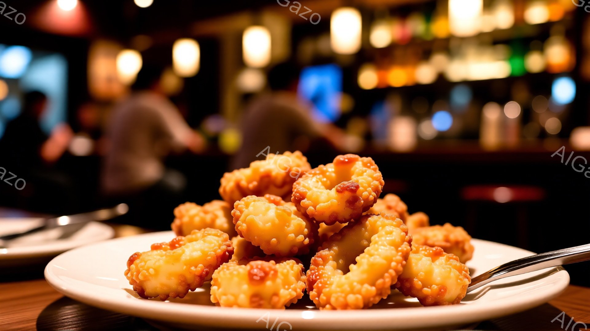 白い皿に、衣をつけて揚げられたタコの足が山積みに盛られています。背景はぼやけていますが、バーカウンターや照明が確認でき、温かい光が差し込んでいます。全体的に食欲をそそる、カジュアルな雰囲気の写真です。