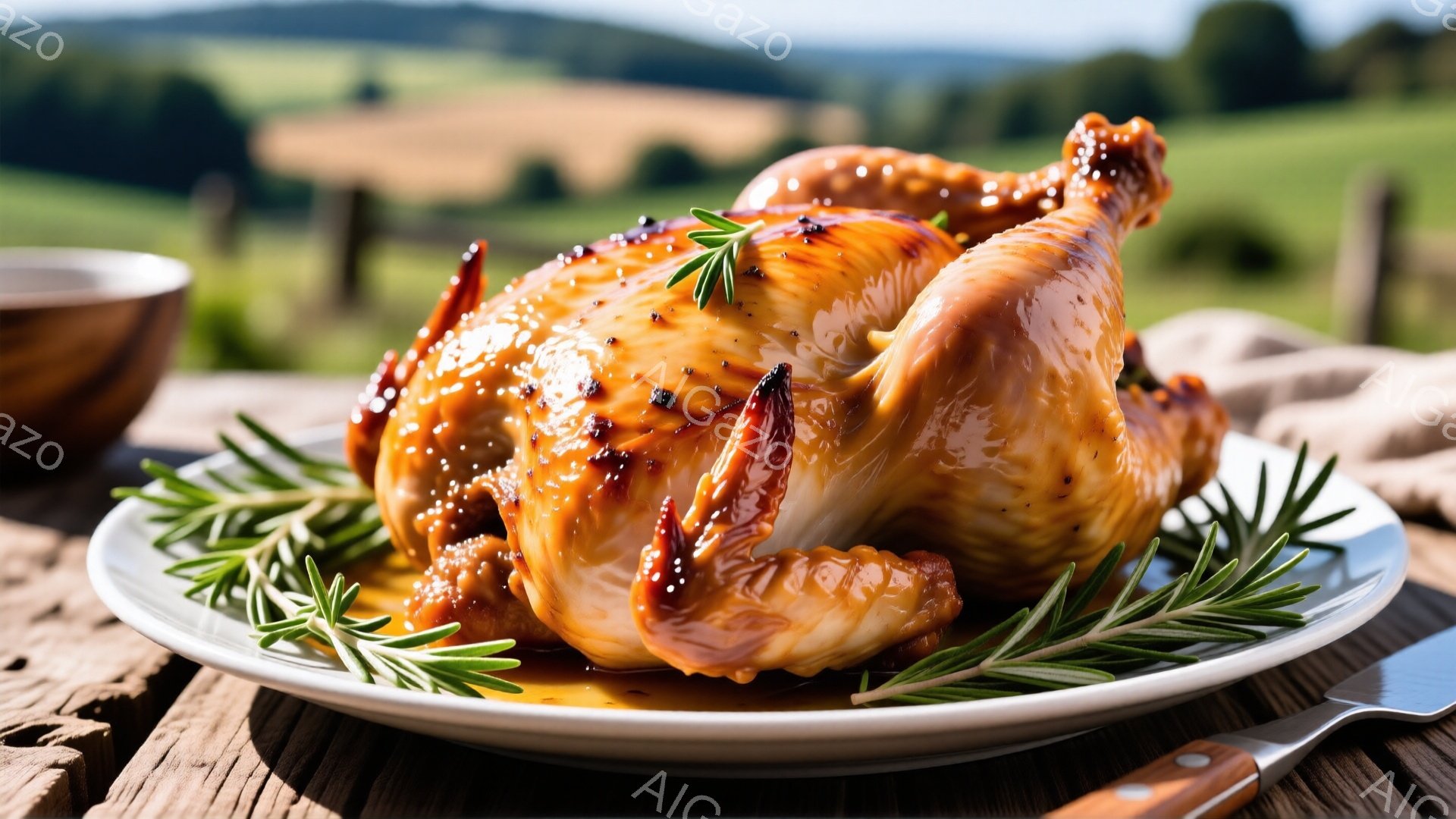 焼き上がった丸鶏が白い皿に盛り付けられ、ローズマリーの枝で飾られています。背景には木製のテーブルと、ぼやけた緑色の田園風景が広がり、温かみのある自然光が全体を照らしています。丸鶏の照り輝く皮とハーブの緑が食欲をそそる、落ち着いた雰囲気の料理写真です。