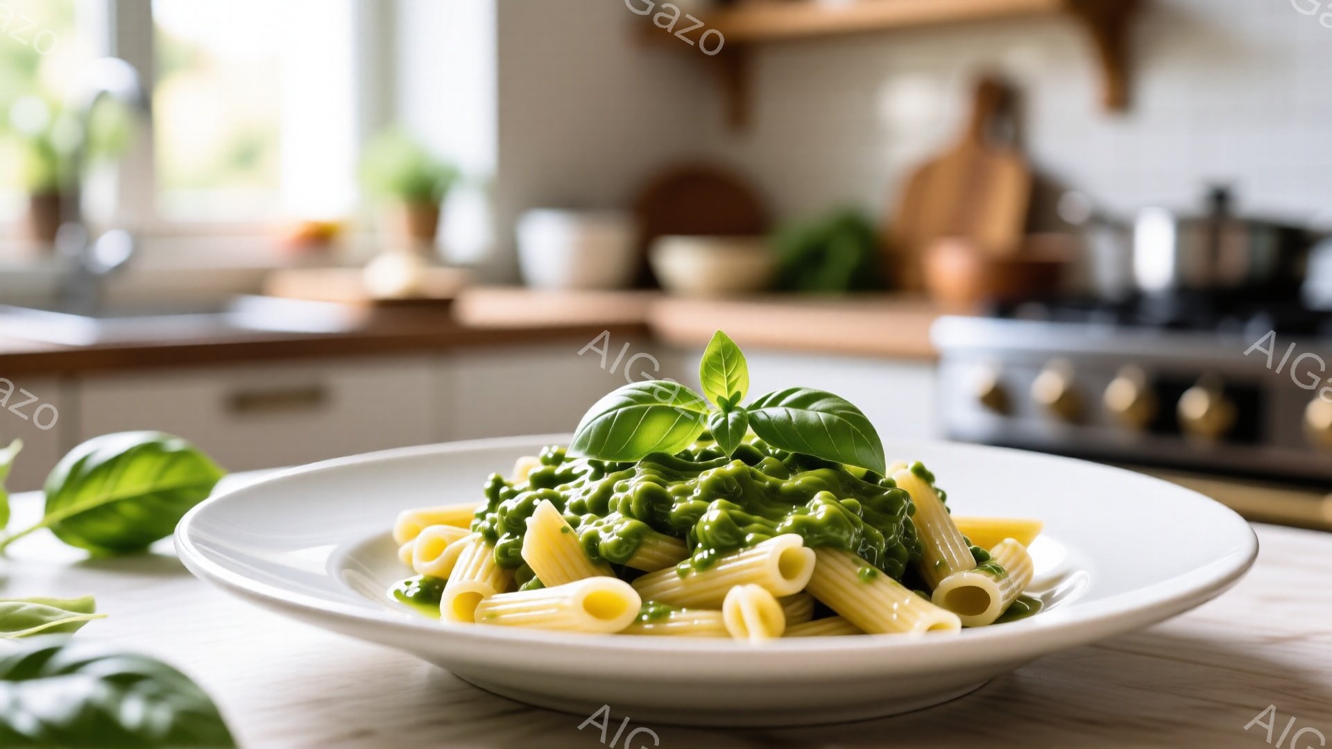 白い皿にペンネパスタが盛られており、鮮やかな緑色のソースとバジルが添えられています。背景にはキッチンの一部が見え、木製のカウンターやステンレス製の調理器具、棚などがぼんやりと写っています。全体的に明るく温かみのある雰囲気で、家庭的な料理の美味しさが伝わってきます。