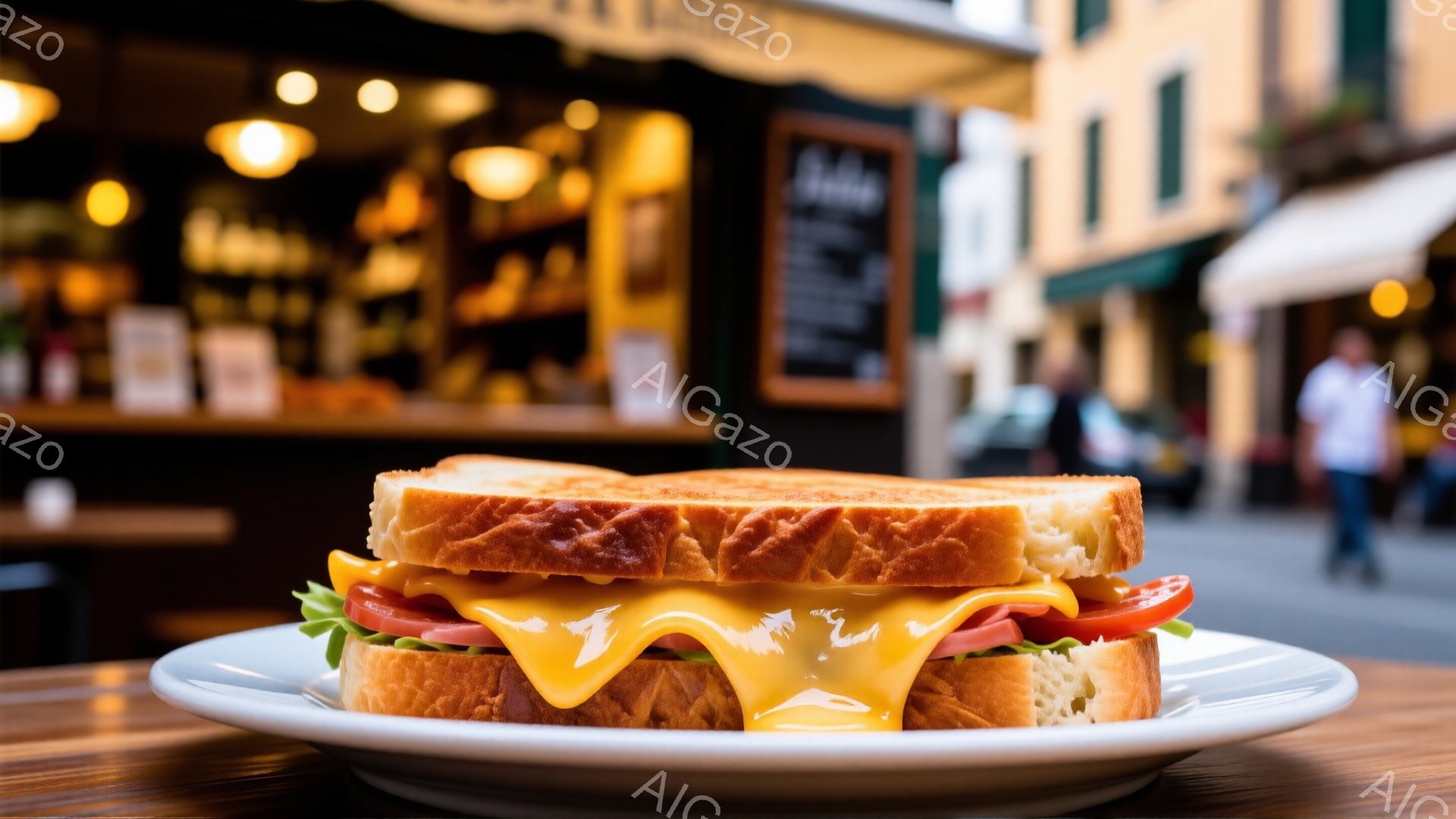 白い皿の上に、具材がたっぷり挟まれたサンドイッチが置かれています。トマト、レタス、とろけるチーズが挟まっており、パンは軽く焼けています。背景には、ぼやけたカフェの内部と、人々が歩く通りが見え、暖かく活 - AI生成フリー素材