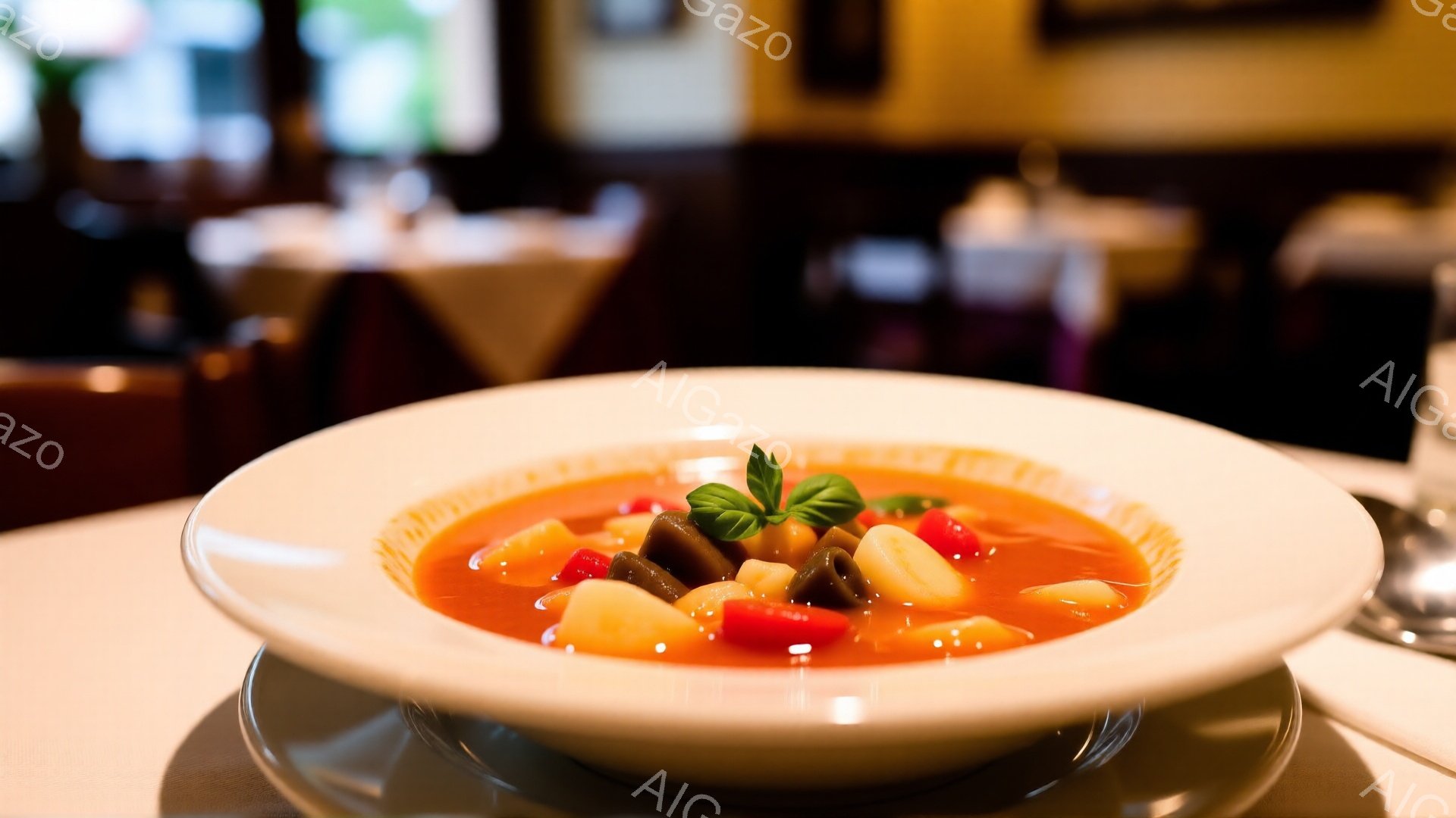 白い器に、トマトベースのスープが盛られています。スープの中には、角切りにした野菜やマッシュルーム、そして緑色の葉が浮かんでおり、彩り豊かです。背景には、ぼやけたレストランの様子が見え、暖色系の照明が落ち着いた雰囲気を醸し出しています。