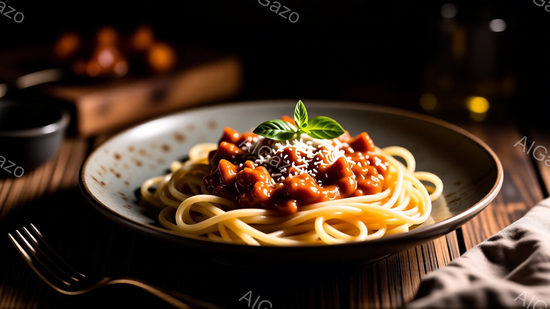 皿には、トマトソースと肉がたっぷりとかかったスパゲッティが盛り付けられています。背景は木製のテーブルで、暗めのトーンでまとめられ、料理が際立っています。全体的に暖かく、食欲をそそる雰囲気で、家庭的な料理の魅力を引き出しています。