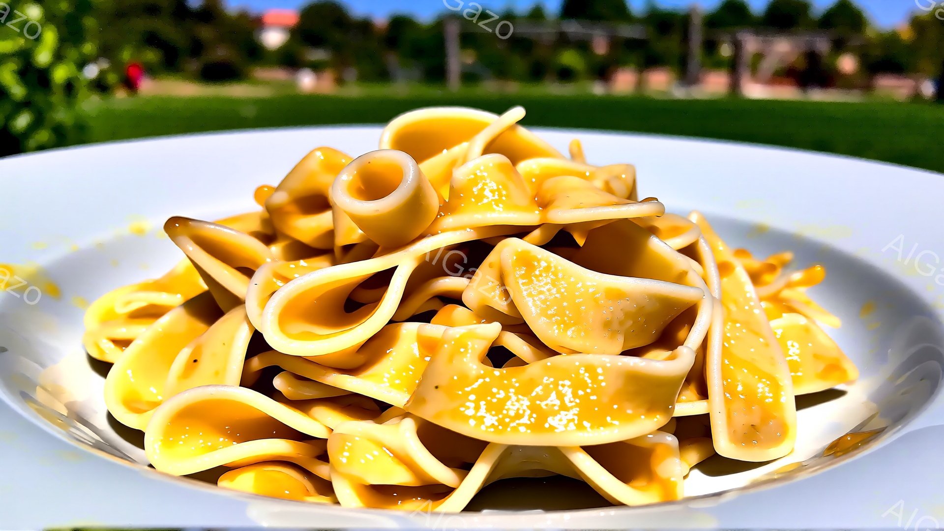 白い皿に盛り付けられた、クリーム色のパスタが焦点となっています。パスタは平たくてねじれた形状をしており、全体にパルメザンチーズのような白い粉末が散りばめられています。背景には緑豊かな芝生と、ぼやけた建物や木々が見え、晴れた日の屋外の様子を示しています。