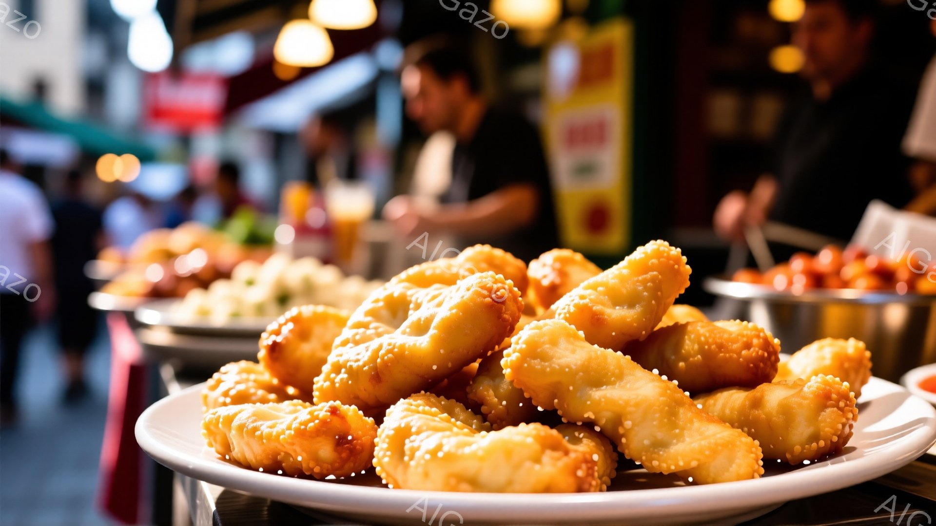 白い皿に、ねじれた揚げ菓子が山のように盛られています。茶色くカリッとした見た目をしており、小さな丸いものが表面に散りばめられています。背景には、ステンレス製の調理器具やぼやけた人影があり、賑やかな屋台の雰囲気が伝わってきます。