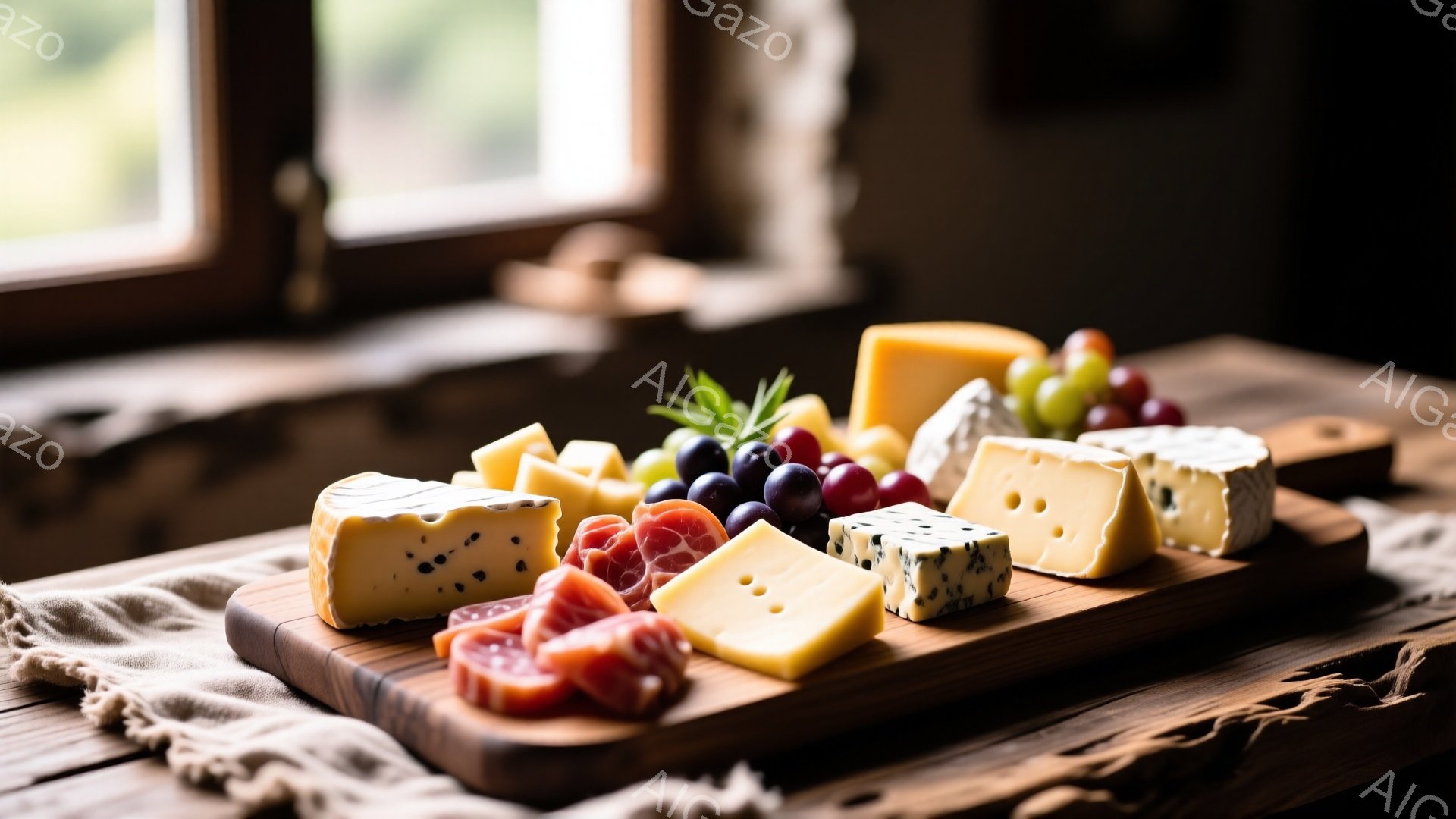 ざっくりとした木製の板の上に、様々な種類のチーズ、サラミ、そしてぶどうが美しく盛り付けられています。背景にはぼやけた木製のテーブルと、窓から差し込む自然光が見え、温かみのある雰囲気を醸し出しています。チーズは白カビ、青カビ、そして黄色いチェダーチーズなど、色と形が多様で、食欲をそそります。