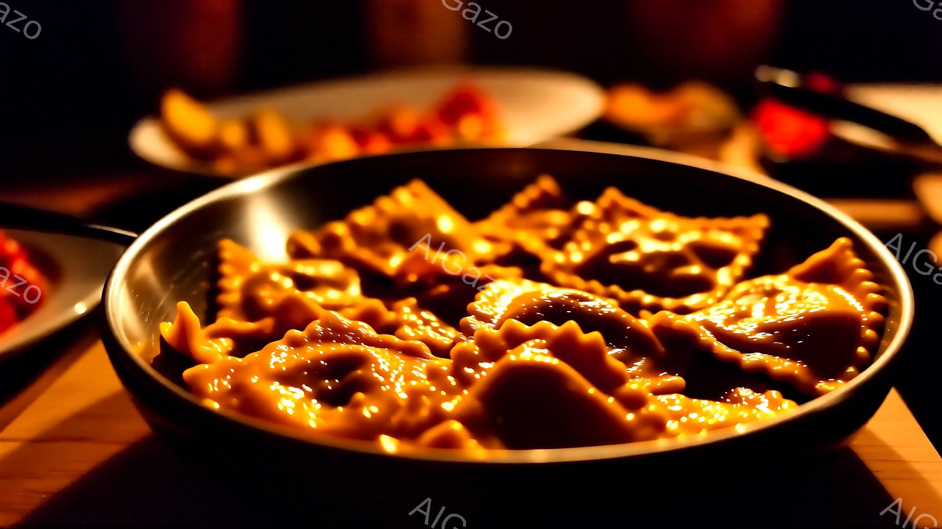 皿には、濃厚なソースで和えられた、オレンジ色のパスタが山のように盛り付けられています。皿は暗めの木のテーブルの上に置かれており、背景には他の料理や食器がぼんやりと見えます。全体的に、温かく食欲をそそる雰囲気で、料理に焦点を当てたクローズアップ写真です。