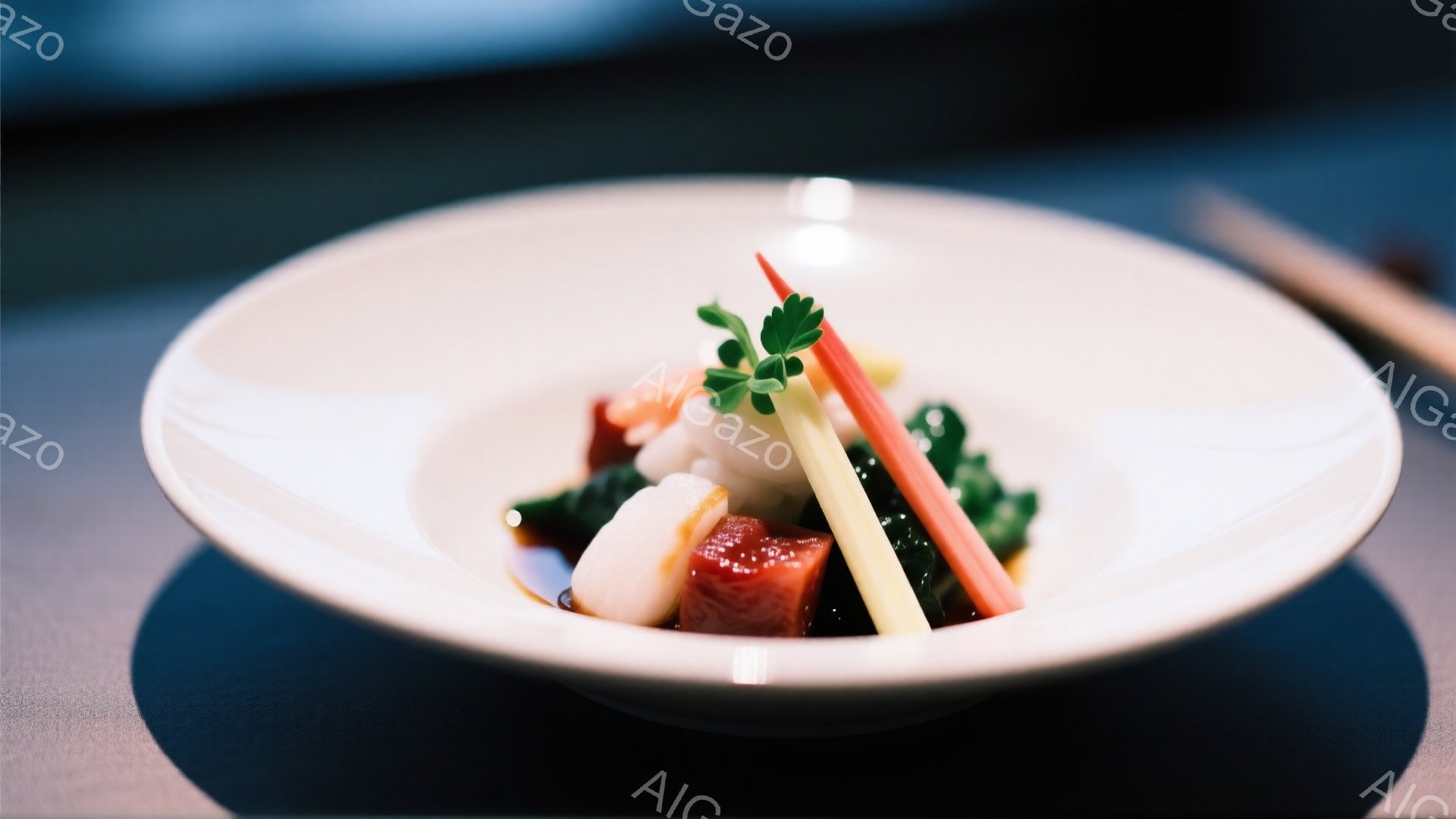 白い器の中に、赤、緑、オレンジ、白などの色鮮やかな食材が盛り付けられた美しい一品料理が写っている。食材は細長くカットされ、まるで芸術作品のように配置されており、背景は暗く、料理が引き立っている。全体的に洗練された雰囲気で、高級感のある日本料理を思わせる。