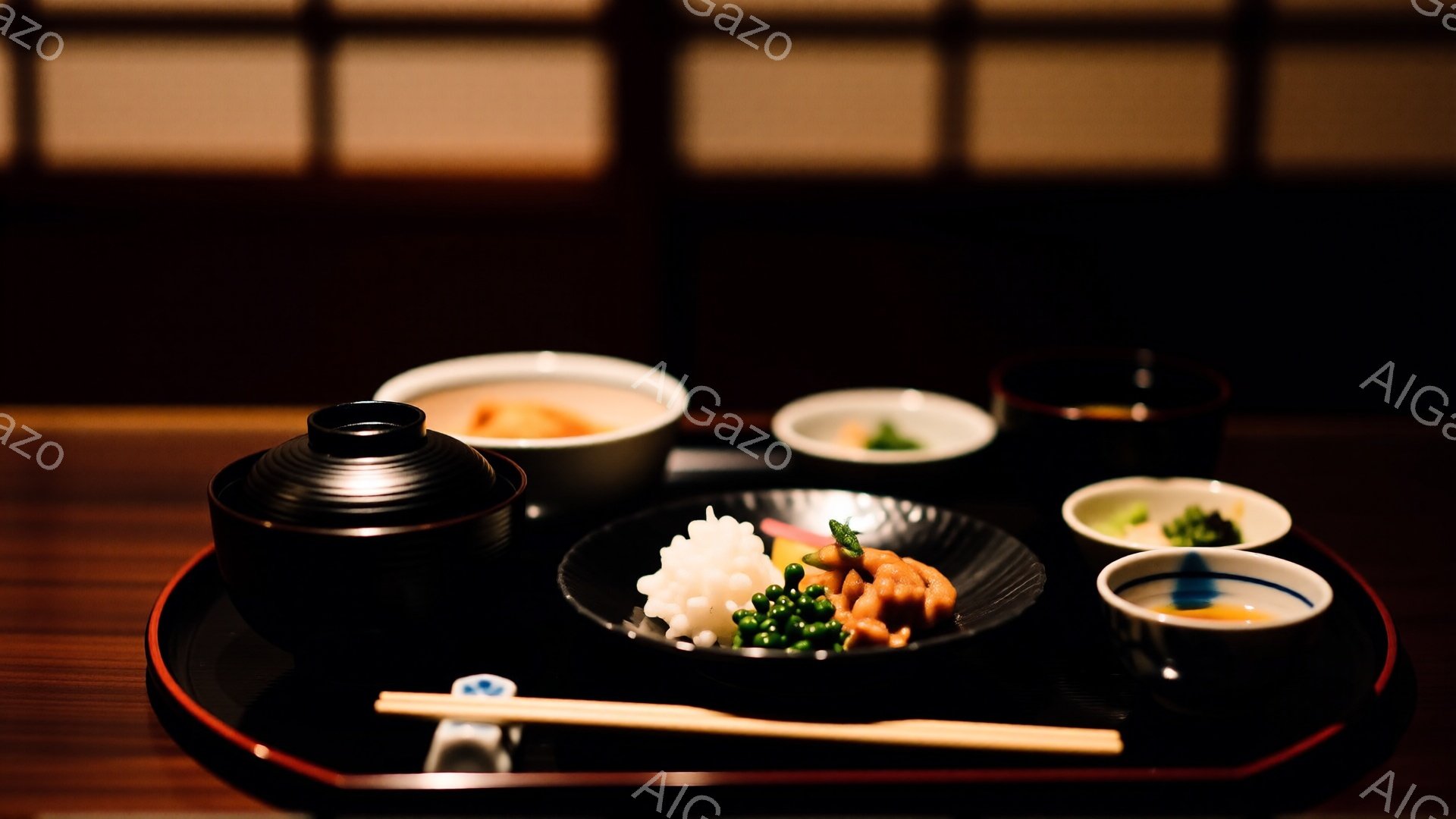 黒い膳に、ご飯、汁物、おかず、香の物が盛り付けられています。ご飯は白く、おかずには鮭や煮物などの色鮮やかな食材が並べられています。背景には木製の壁があり、落ち着いた雰囲気の中で食事が楽しめる様子が伺えます。