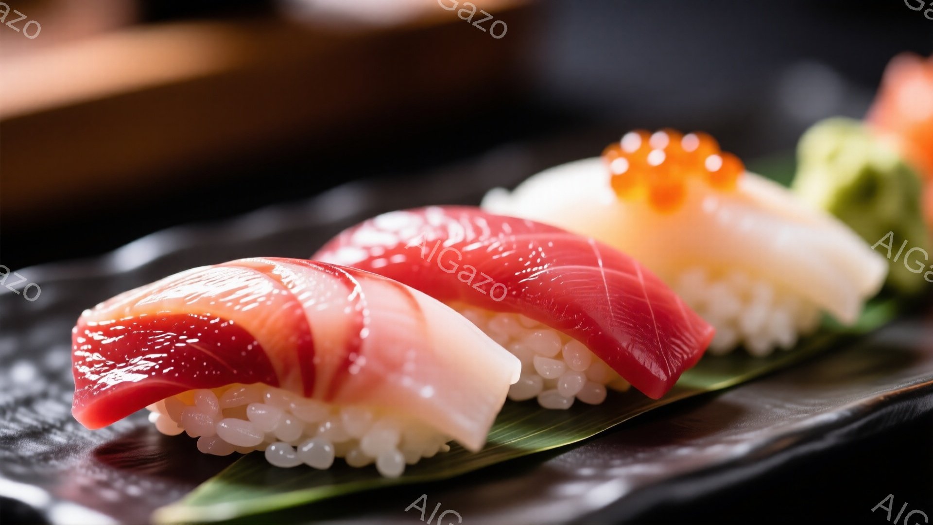 鮮やかな赤身と白身の寿司が、緑色の葉の上に並べられています。シャリはふっくらとしており、ネタは艶やかで新鮮さを感じさせます。背景は暗く、寿司の色彩が際立っています。