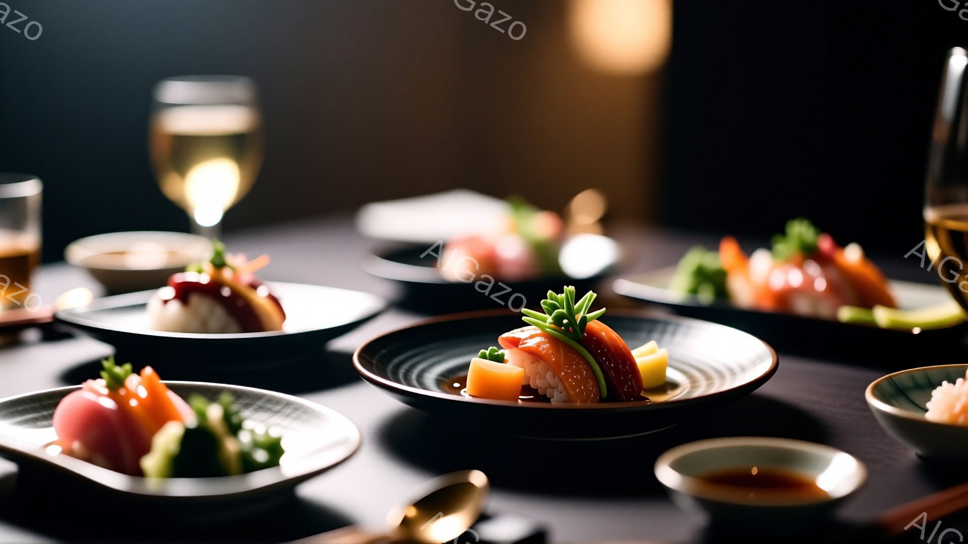 漆黒の背景に、色とりどりの寿司が盛り付けられた皿が並んでいる。寿司は、鮮やかな赤やオレンジの色合いで、緑色の葉で飾られている。皿の周りには醤油を入れた小さな器やスプーンが置かれ、高級感と洗練された雰囲気を醸し出している。